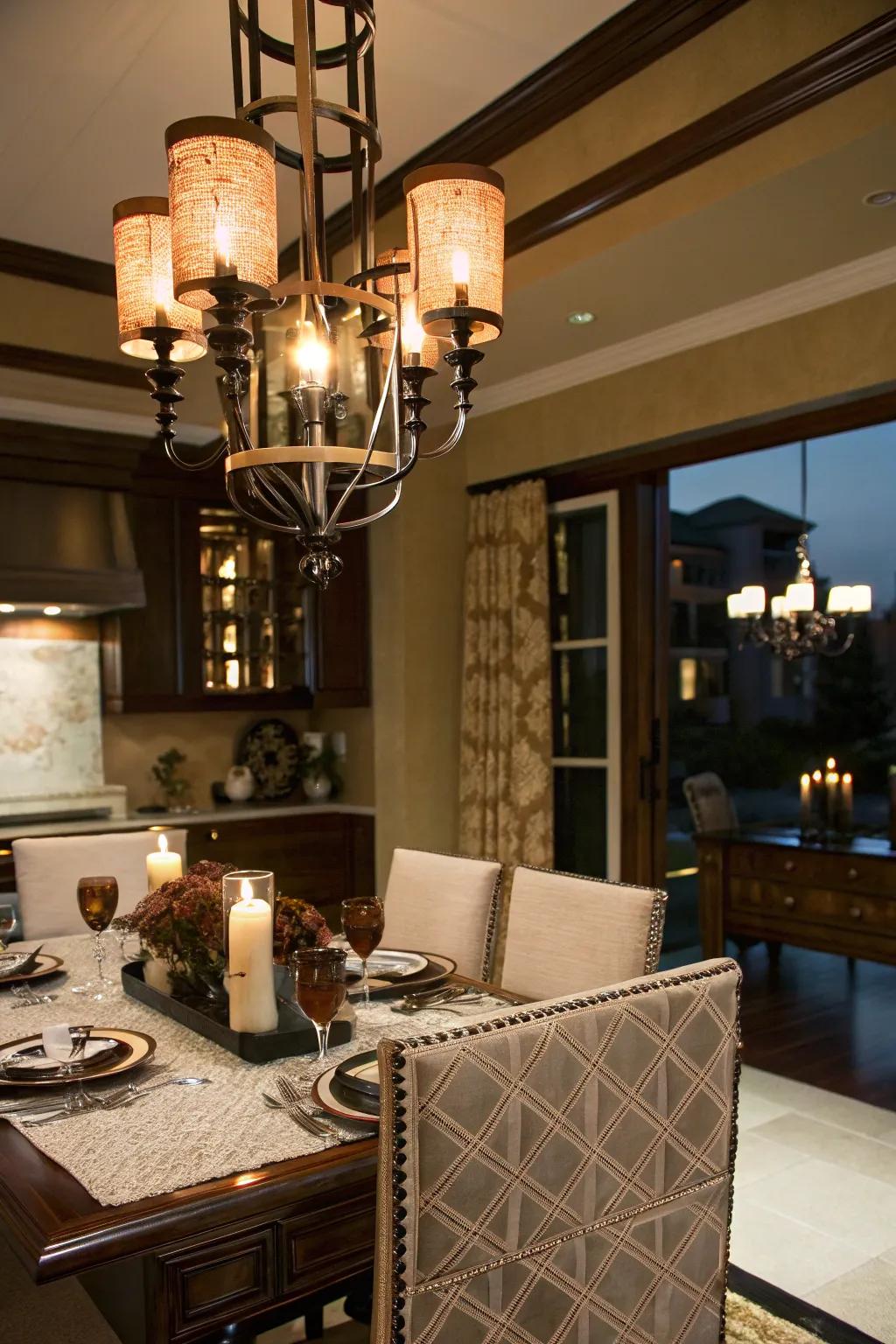 A functional chandelier beautifully lights a dining setting.