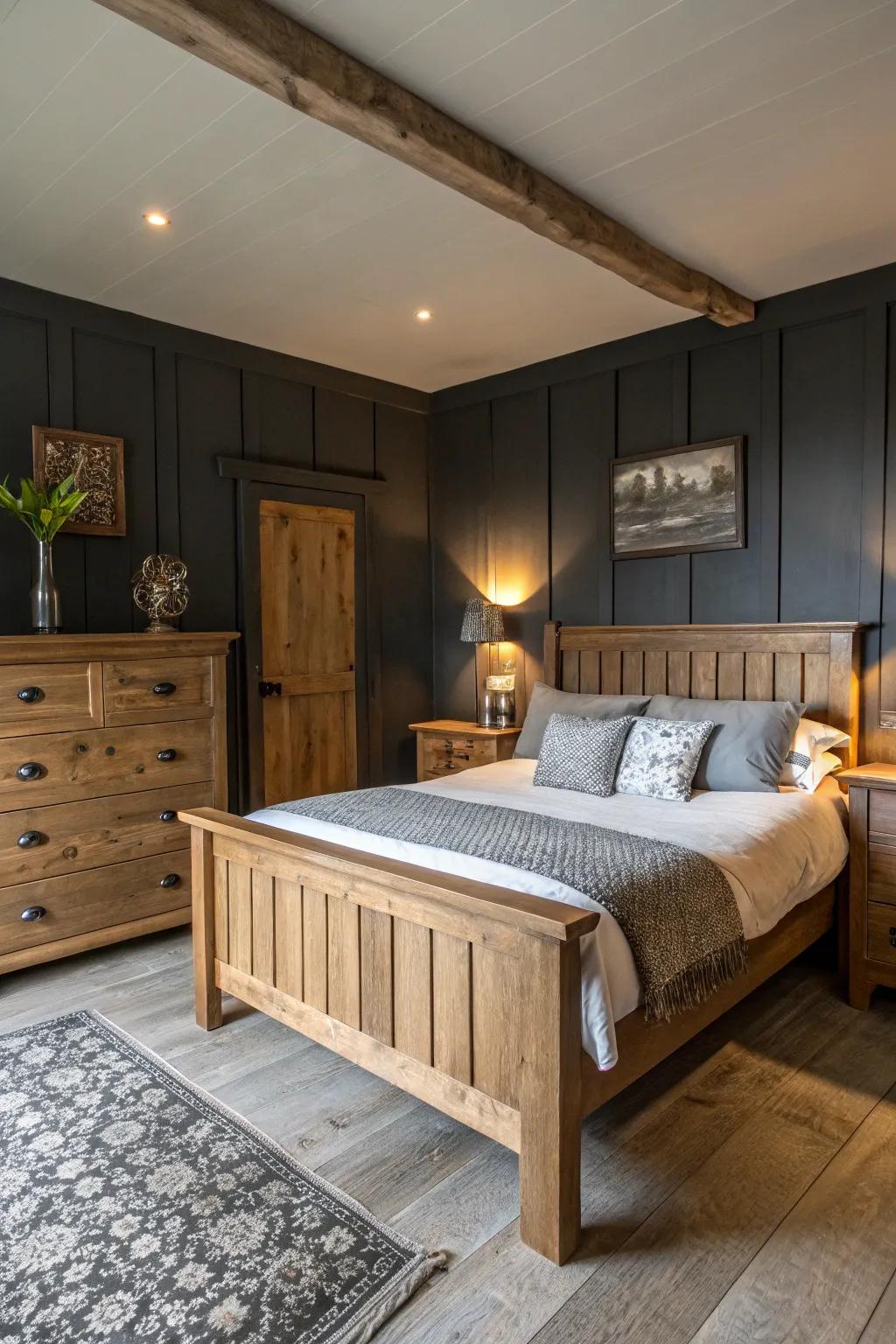 Rustic details add warmth to a deep gray-themed bedroom.