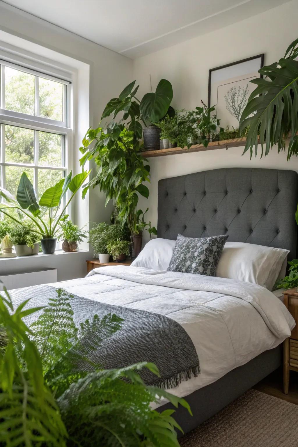 Greenery injects a revitalizing element to an inky grey headboard setting.