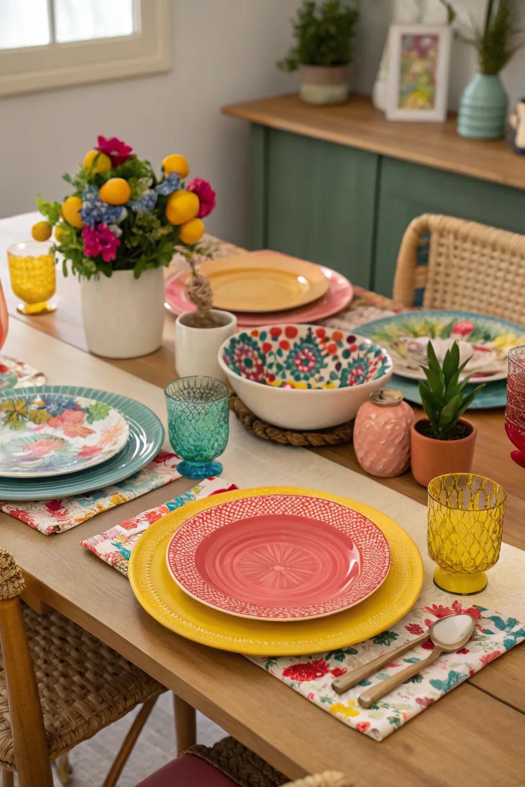 Assorted charger plates establish a vibrant and spirited dining landscape.