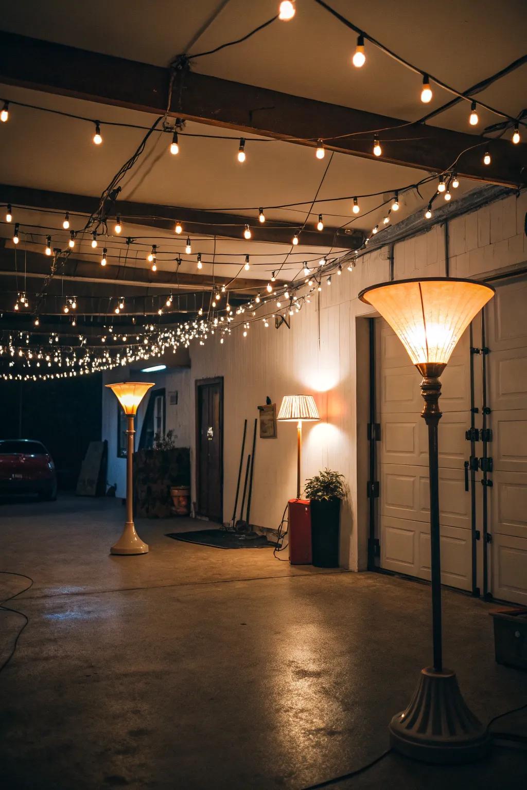 Strategic lighting enhances the mood of the garage hangout.