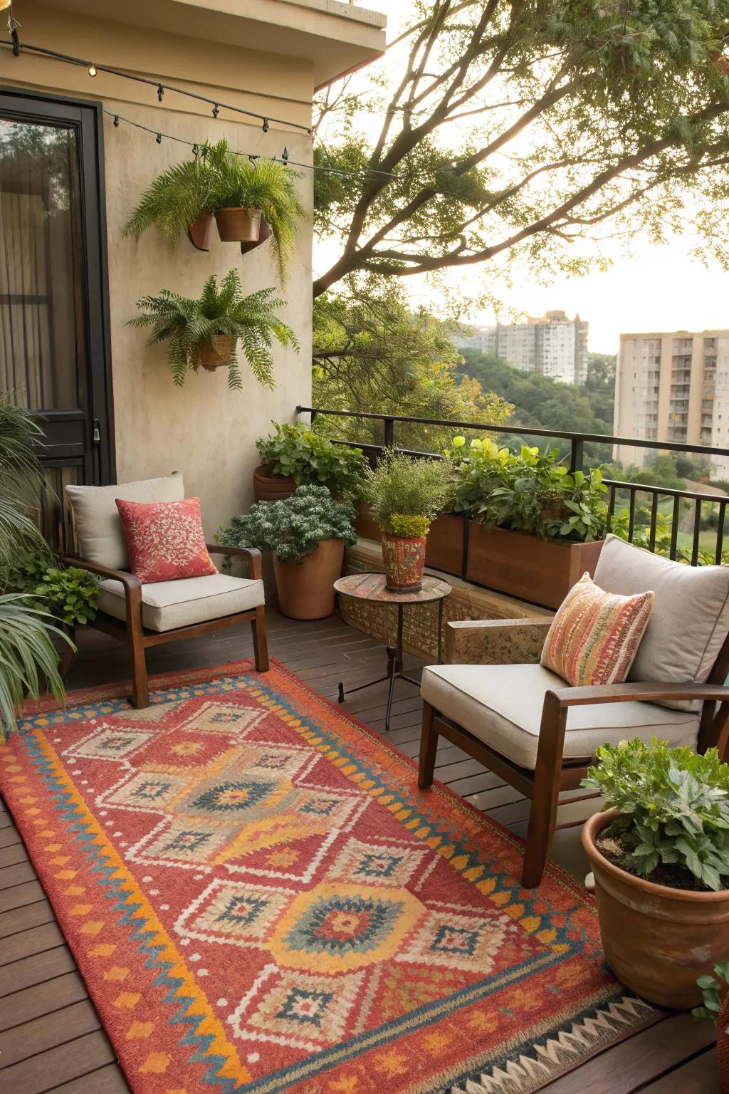 Exterior rugs adding comfort and color to your patio.