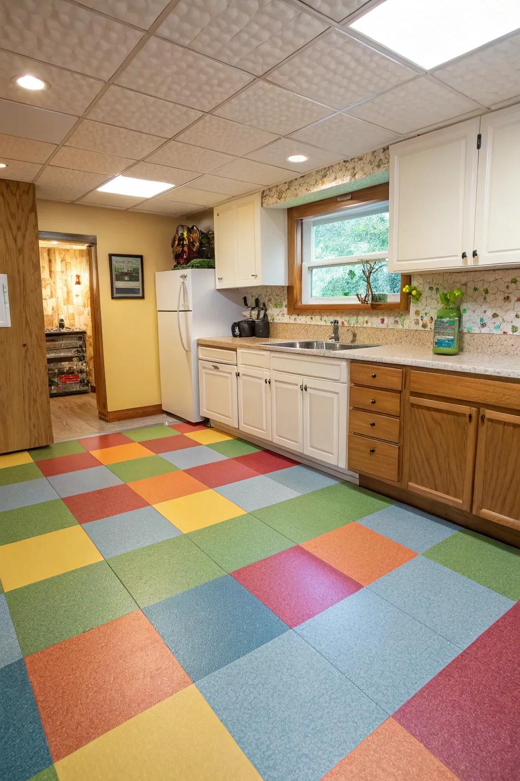 Sheet vinyl offers a lively and water-resistant option for basement kitchens.