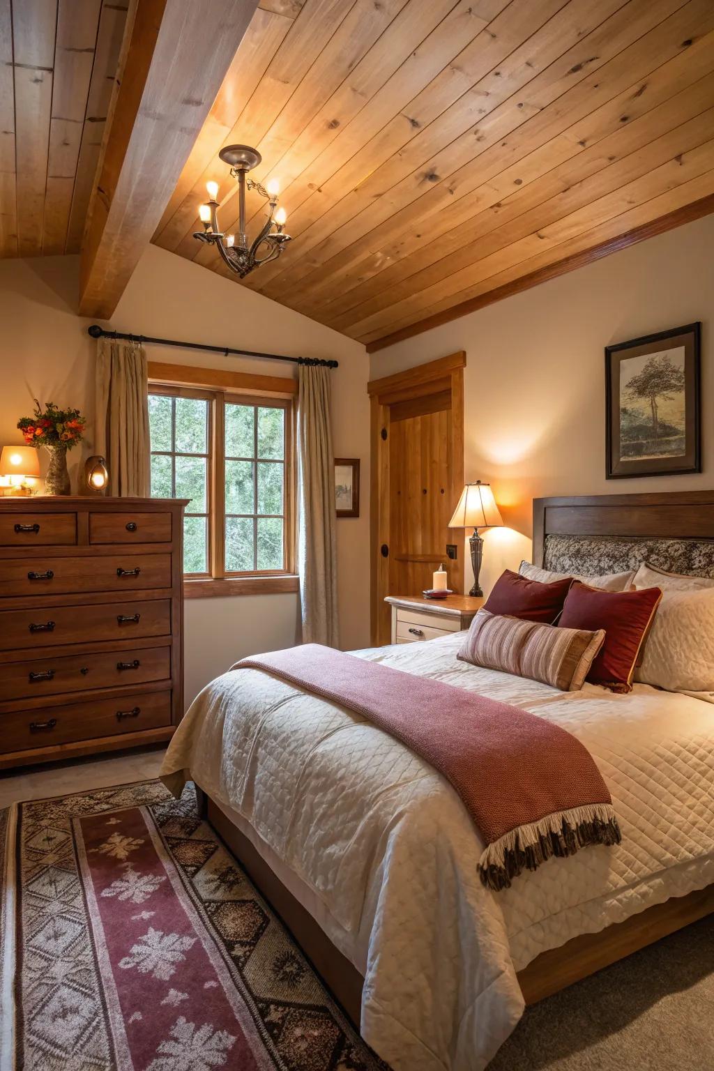 A cozy and inviting walnut wood bedroom arrangement.