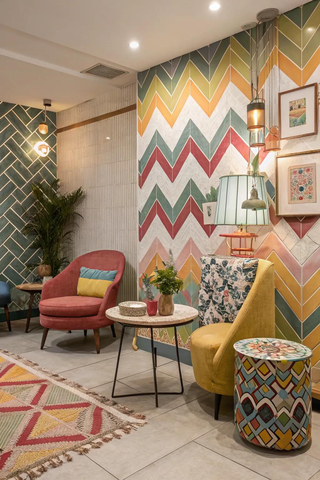 Unconventional hues in herringbone tiles bring a playful and individualistic touch to this room.