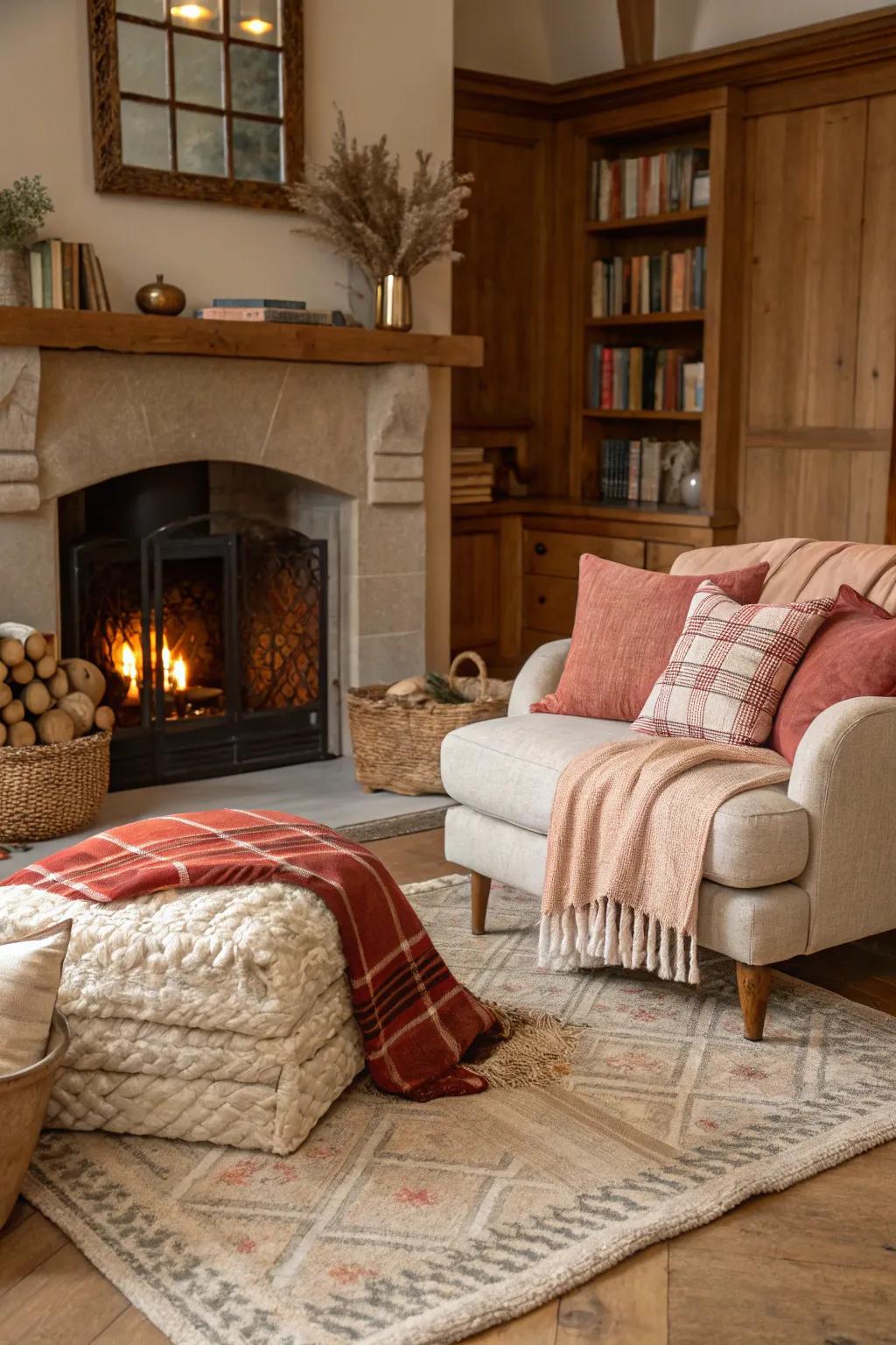 Textiles encircling the fireplace generate a welcoming and inviting haven.