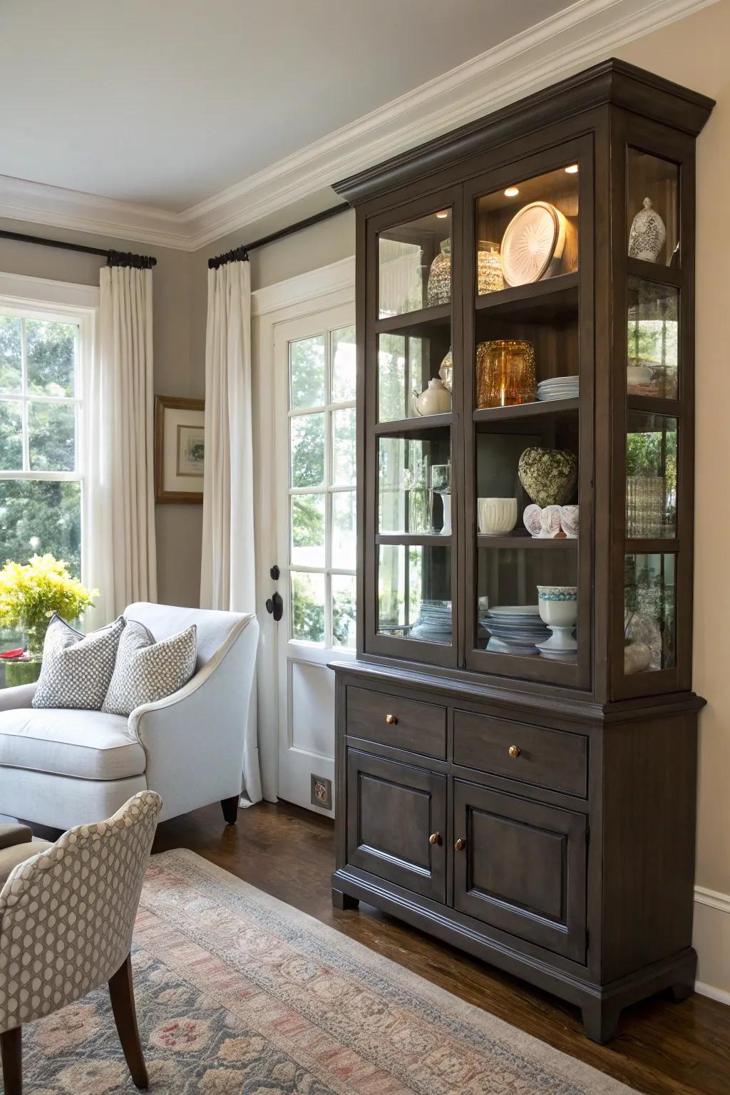Strategically placed china cabinet for optimal function.