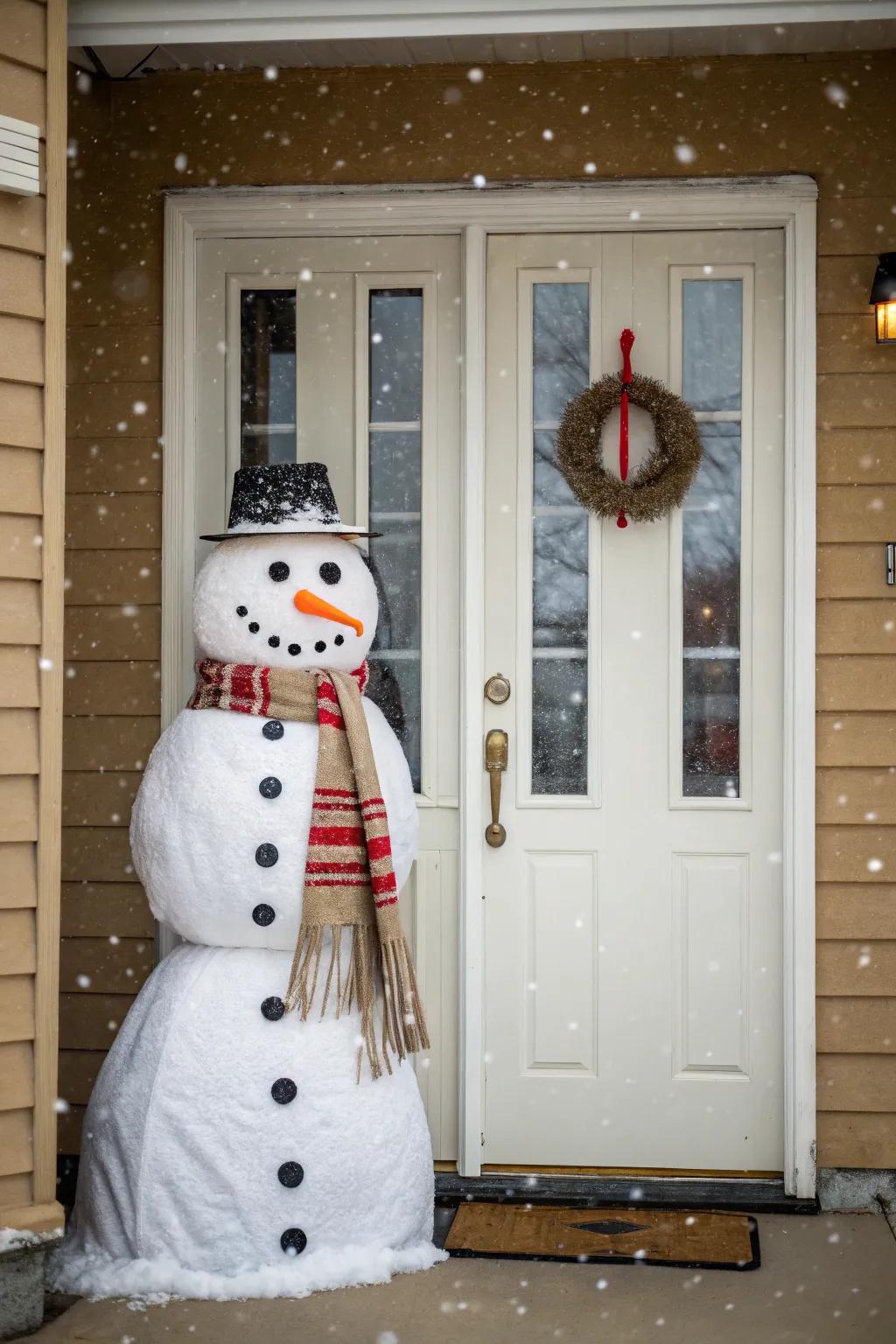A jolly snowperson brings joy to passersby.