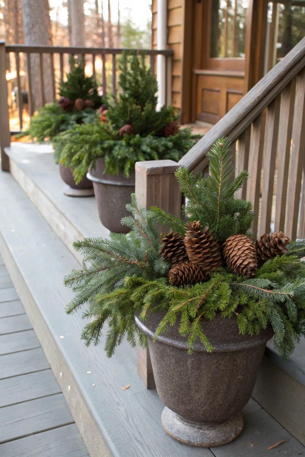 Seasonal beds showcasing evergreen sprigs and cones, bringing nature's touch to festive greenery.