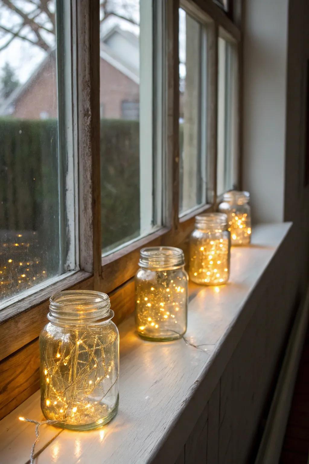 Handcrafted beam ornaments bring a charming radiance to the window ledge.