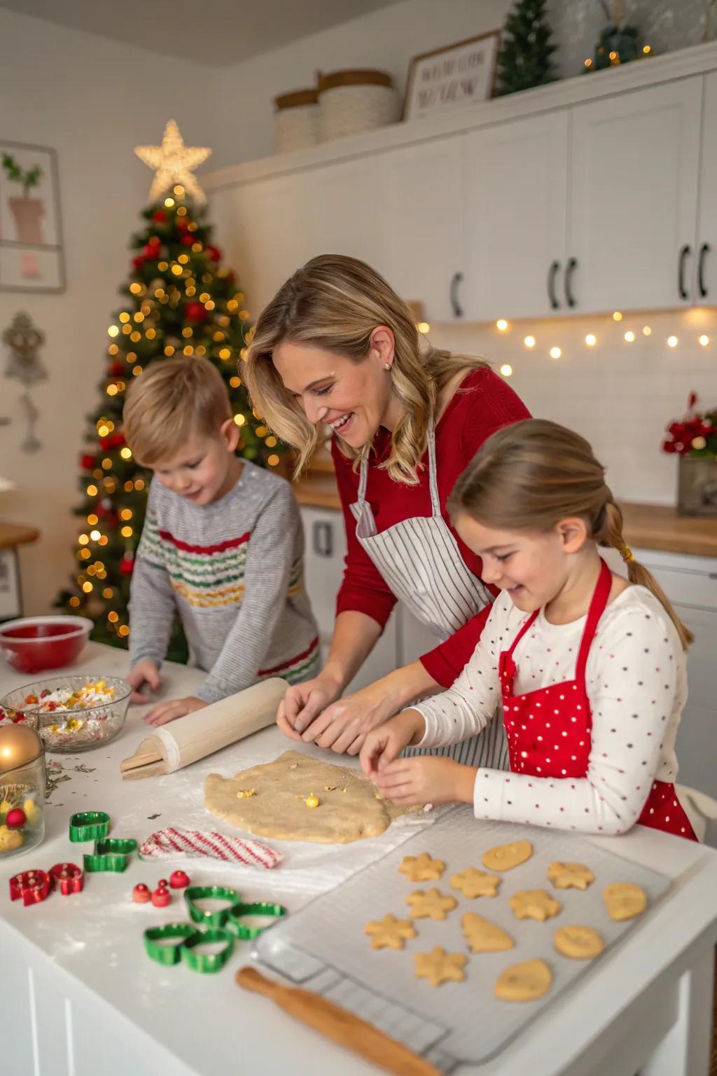 A family baking Christmas cookies, capturing the joyful hustle and bustle of holiday preparations.
