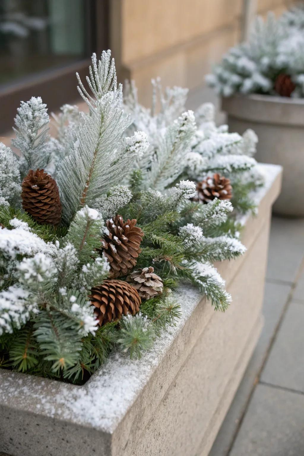 Flocked branches bring a touch of winter magic indoors.