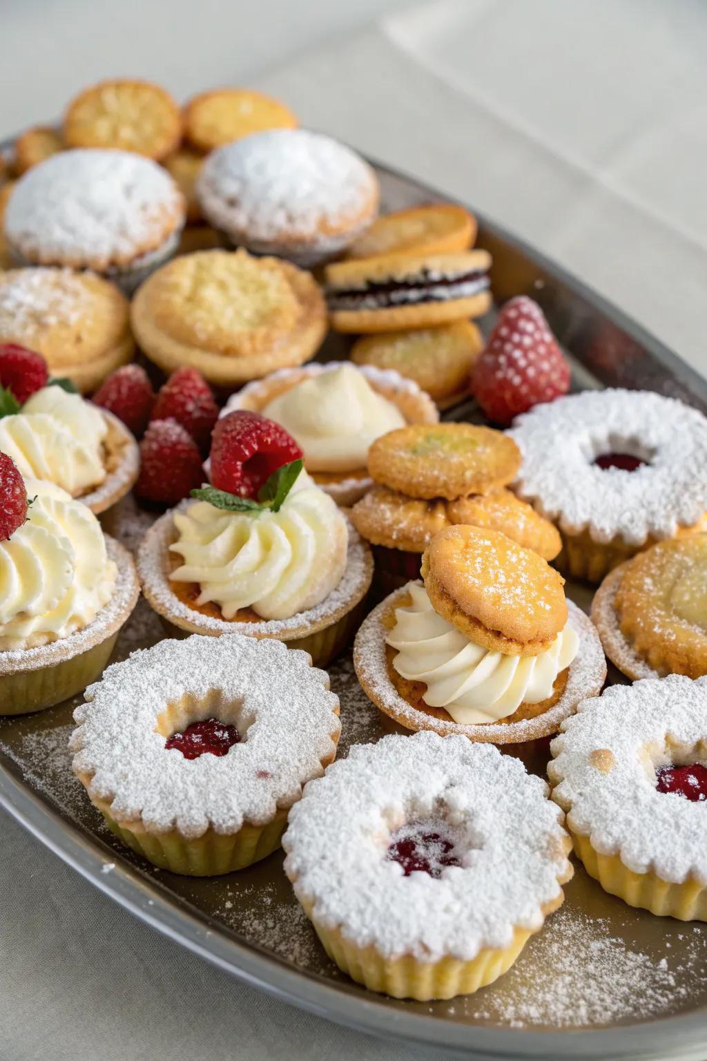 An assortment of mini pastries and cookies offers a sugary treat.
