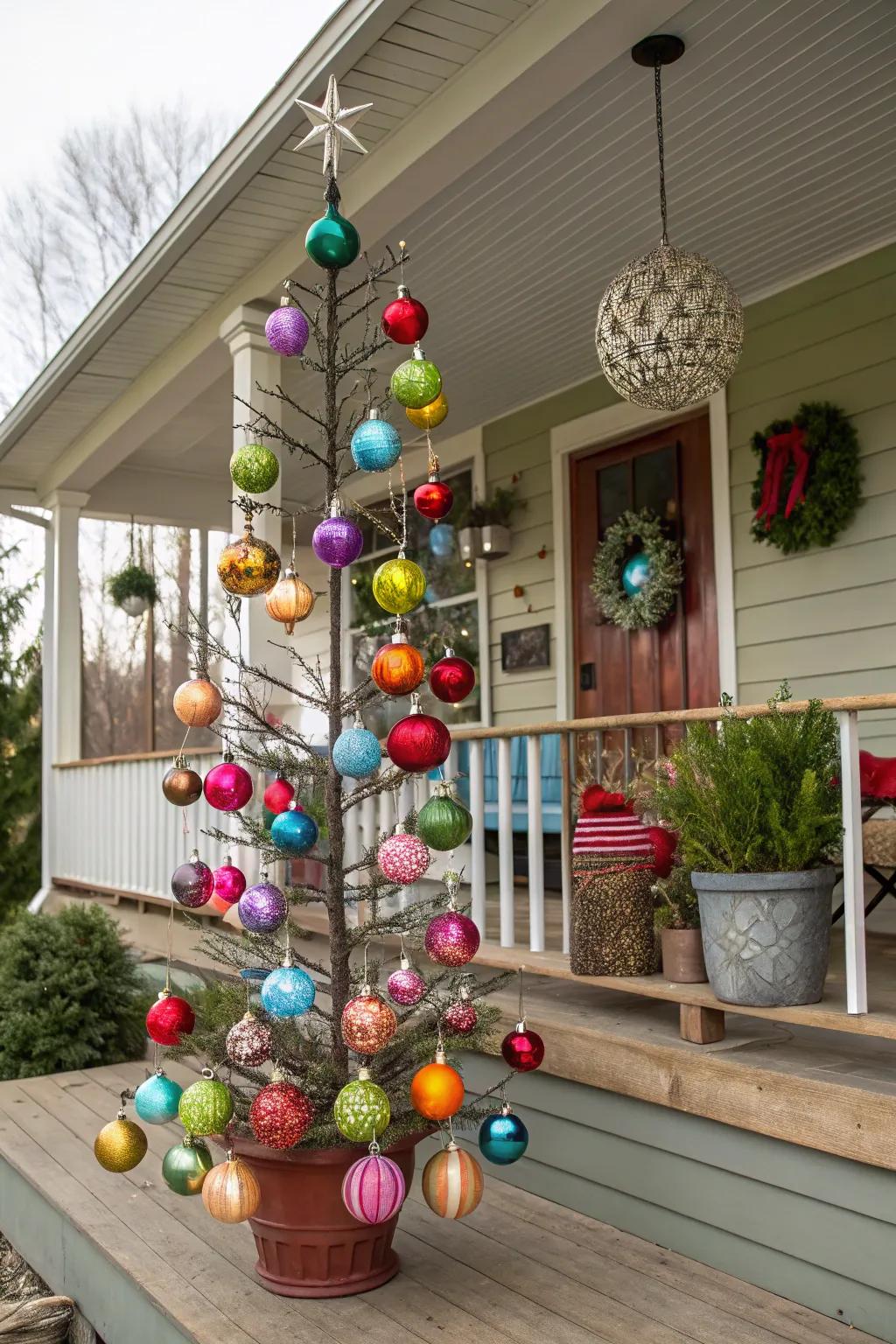 A striking tree crafted from baubles, lending a wow factor to a porch.