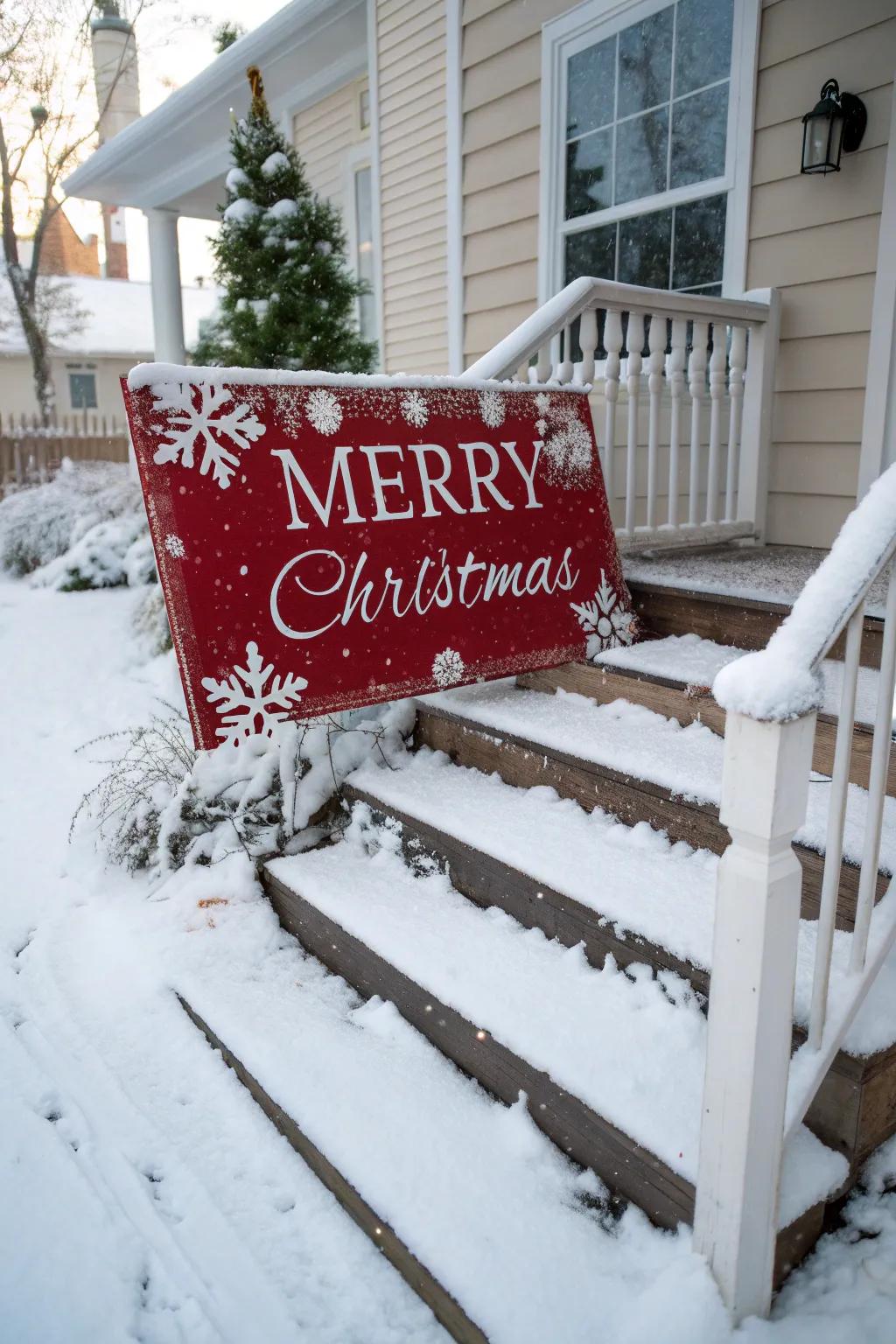 Greet visitors with an exterior 'Joyful Yuletide' notice.