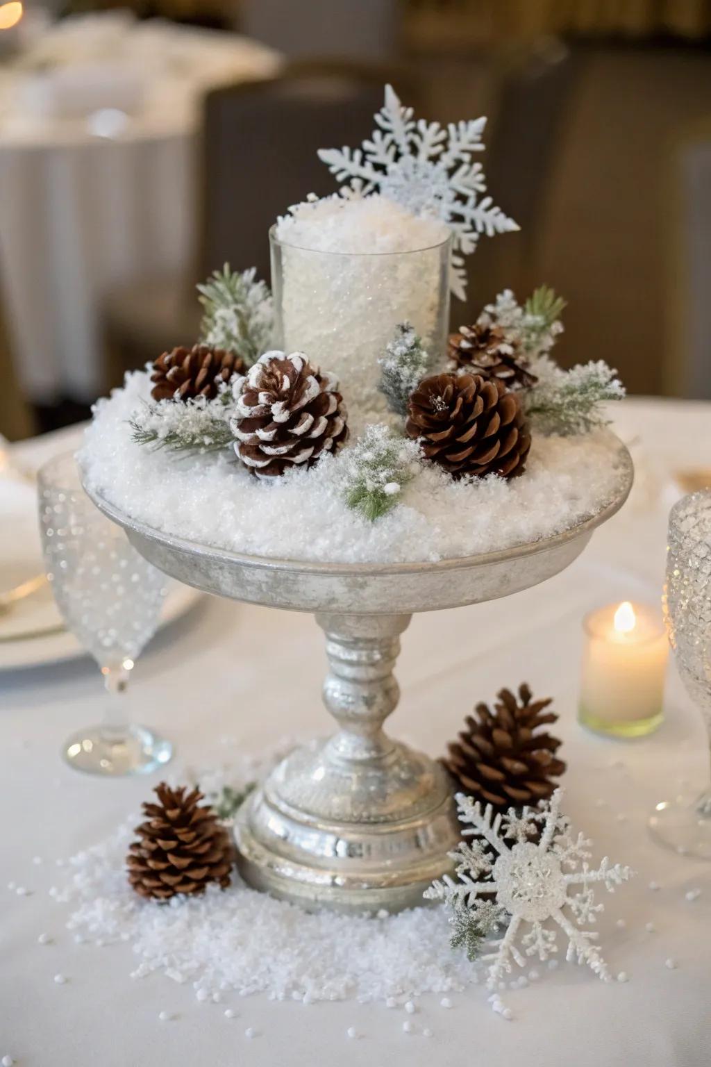 A frosted centerpiece fashions a captivating winter wonderland effect.