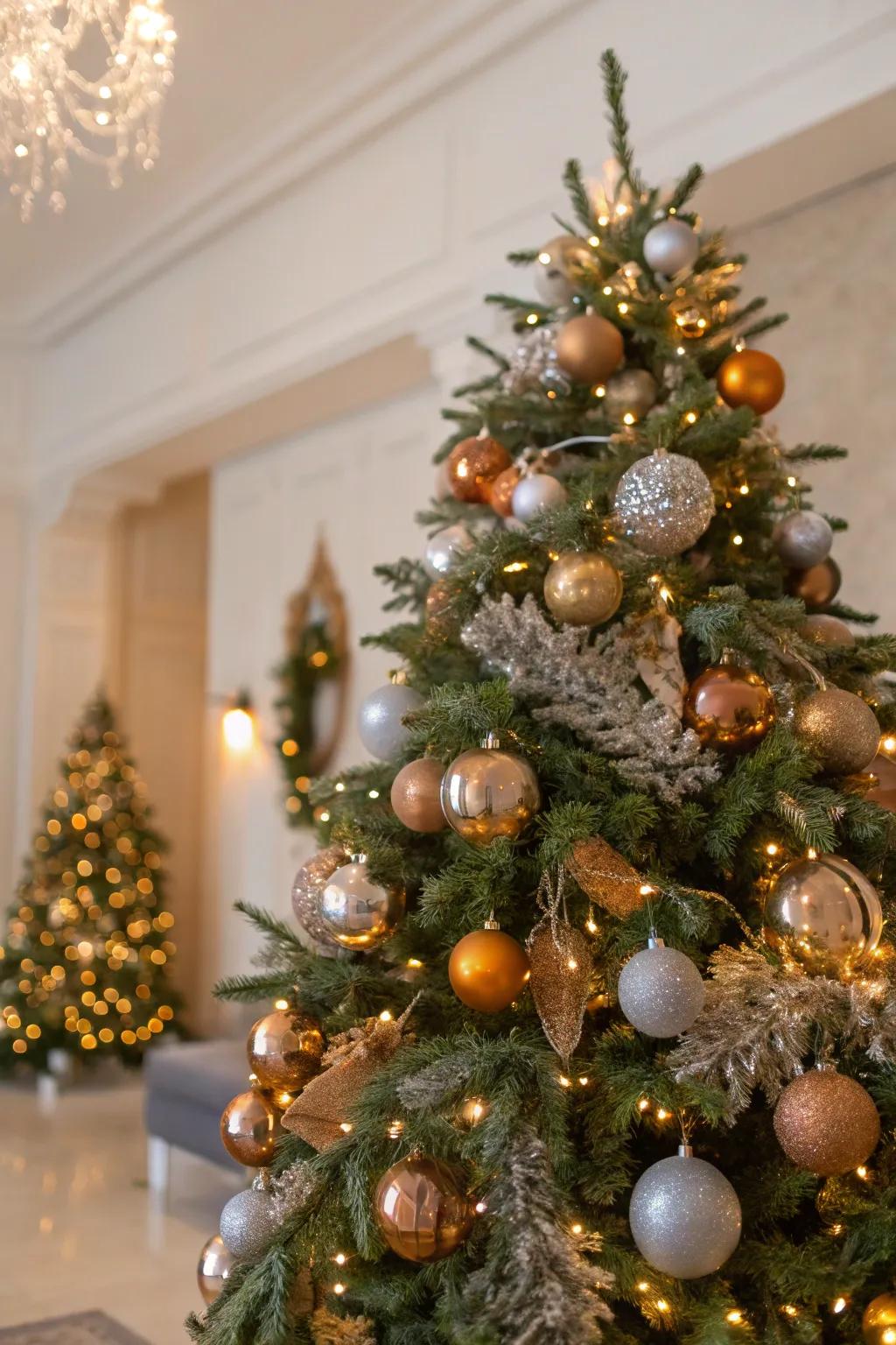 A shimmering metallic Christmas tree beaming with elegance.
