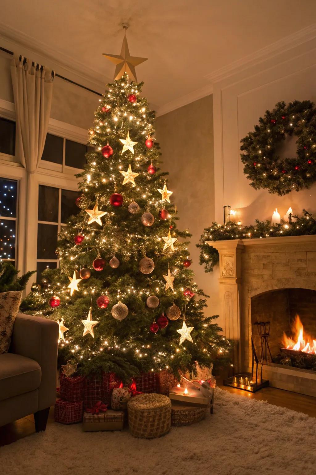 A magical Christmas tree adorned with star-themed ornaments and colorful lights, capturing a starry night ambiance.
