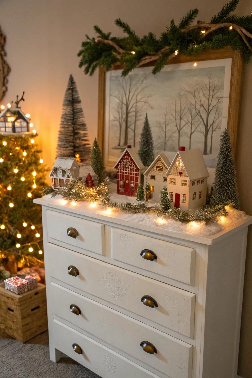 A repurposed chest of drawers evolves into a creative Christmas hamlet presentation.
