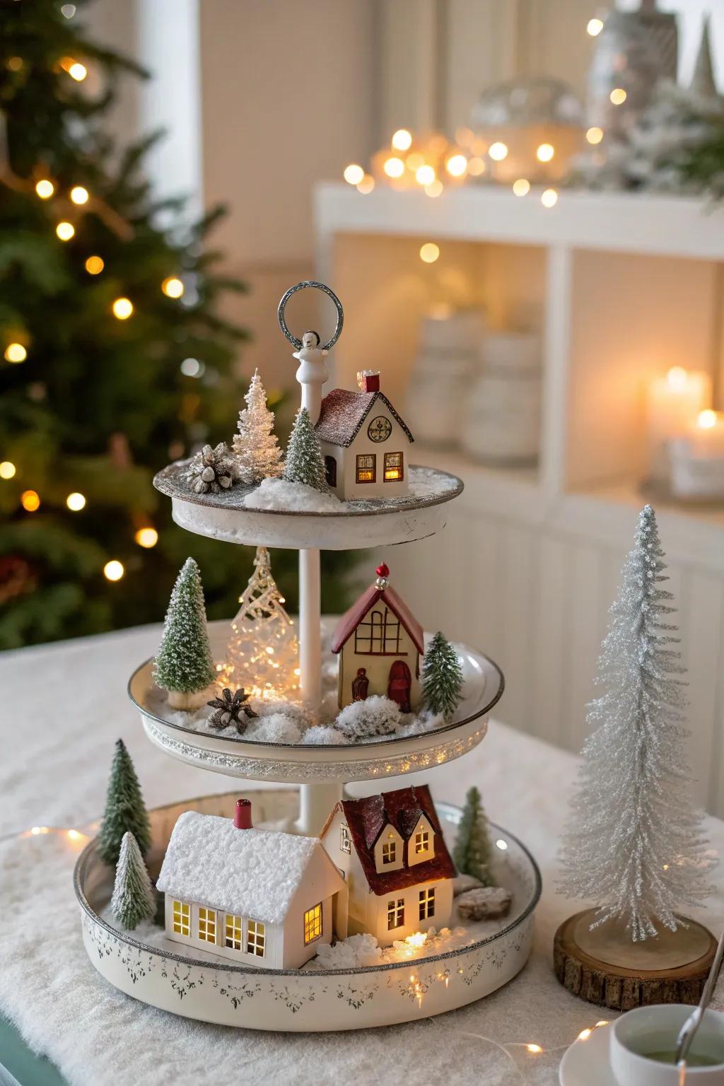 A tiered tray creates a portable and visually interesting Christmas village.