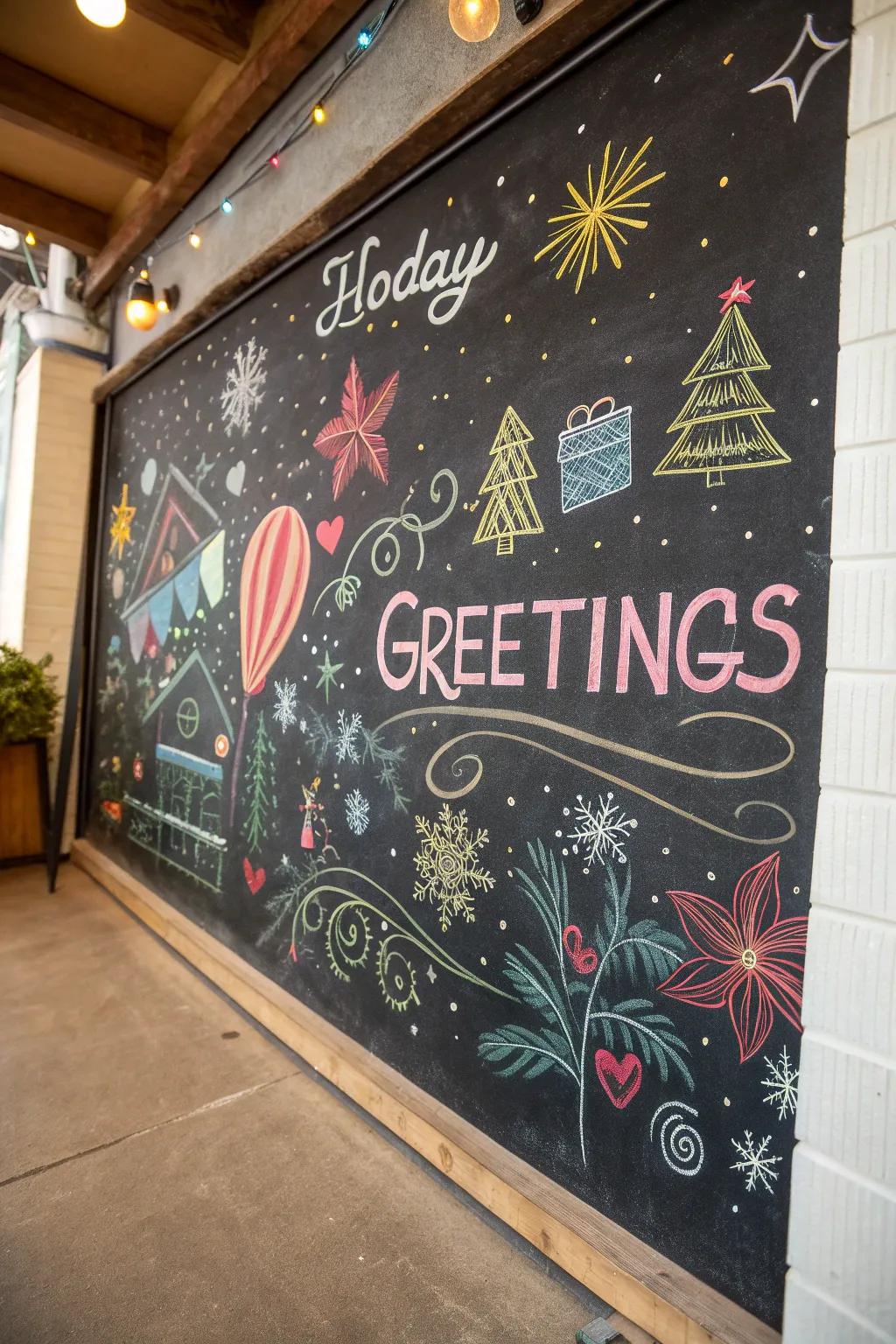 A chalkboard wall becomes a canvas for Christmas creativity.