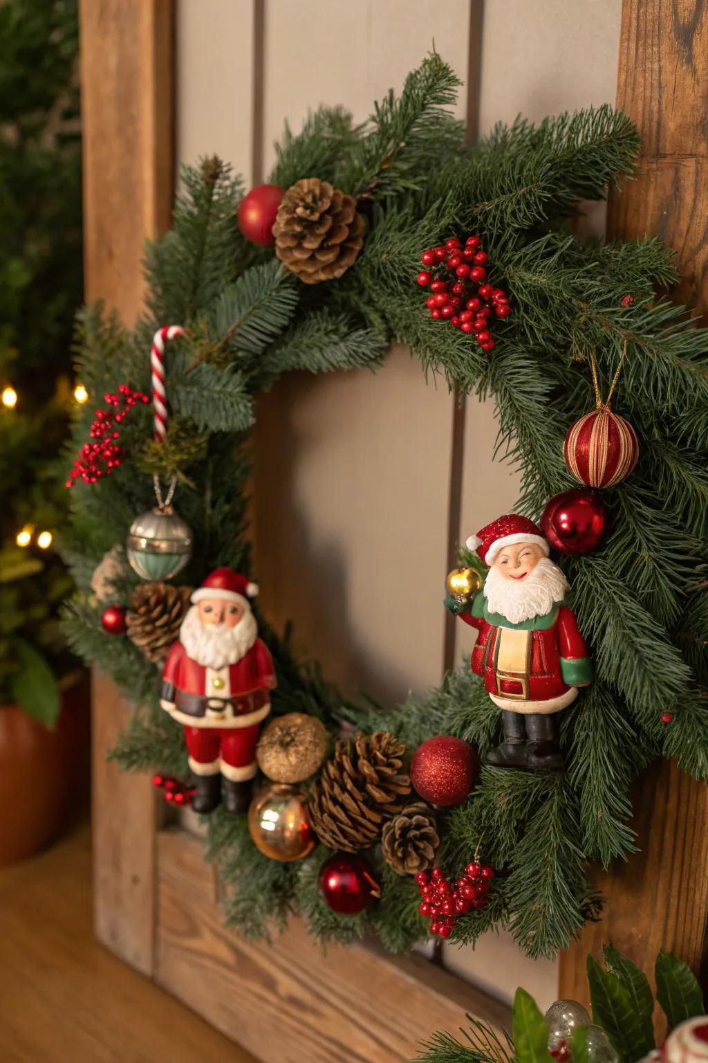 A nostalgic wreath showcasing antique St. Nick ornaments and retro baubles.