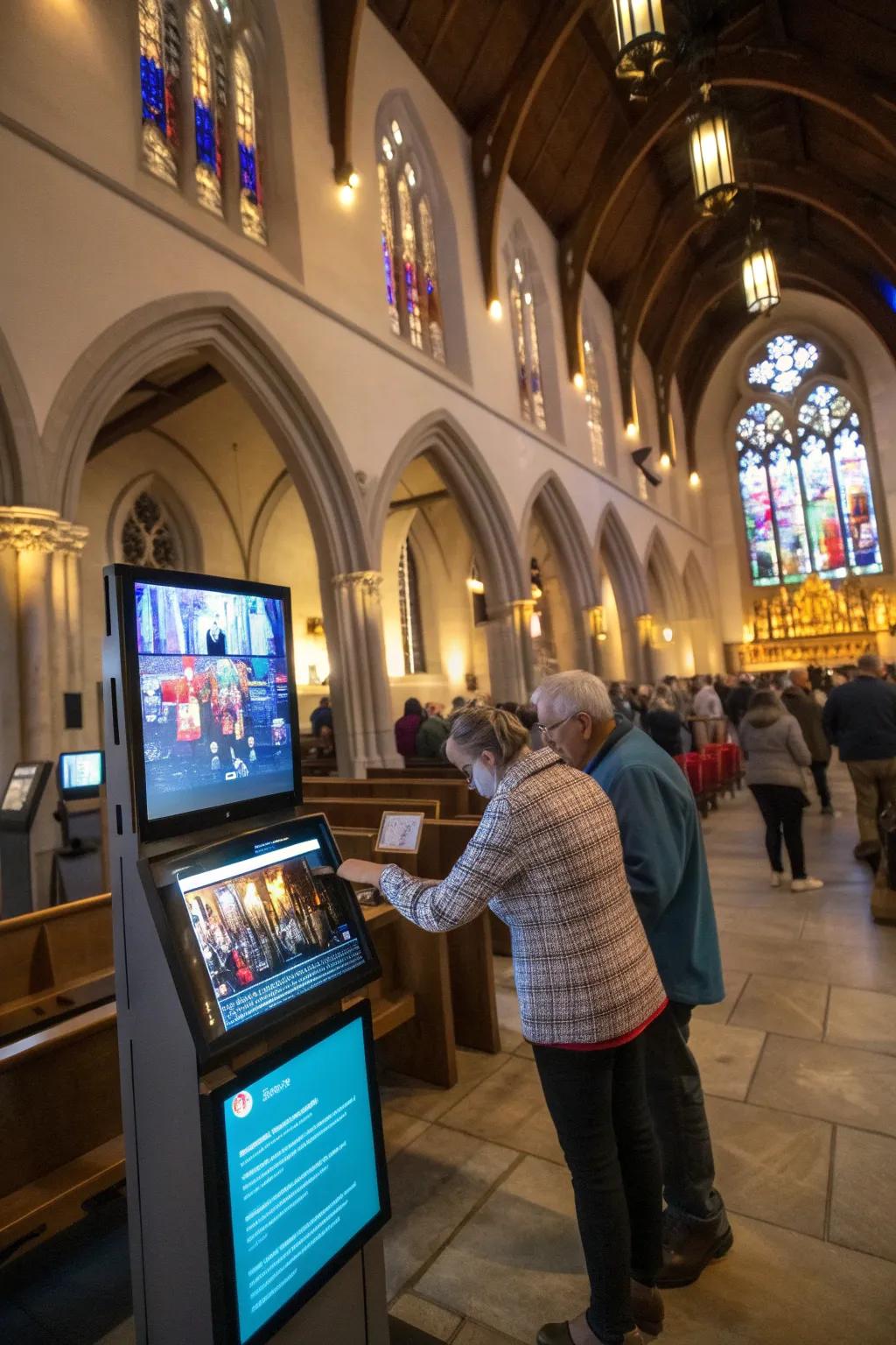 Church interior showcasing interactive digital displays.