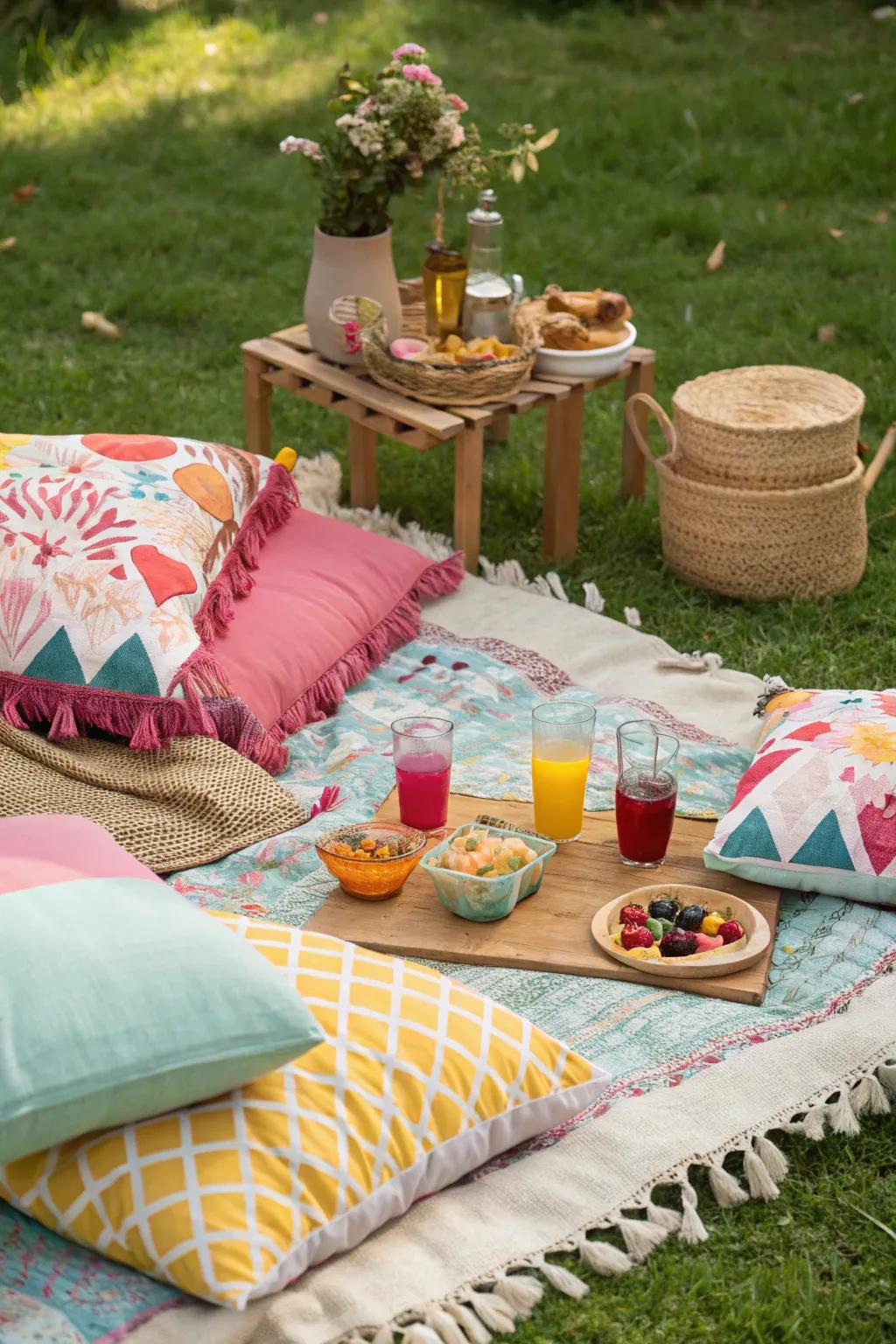 An inviting picnic layout encourages guests to unwind and enjoy themselves.