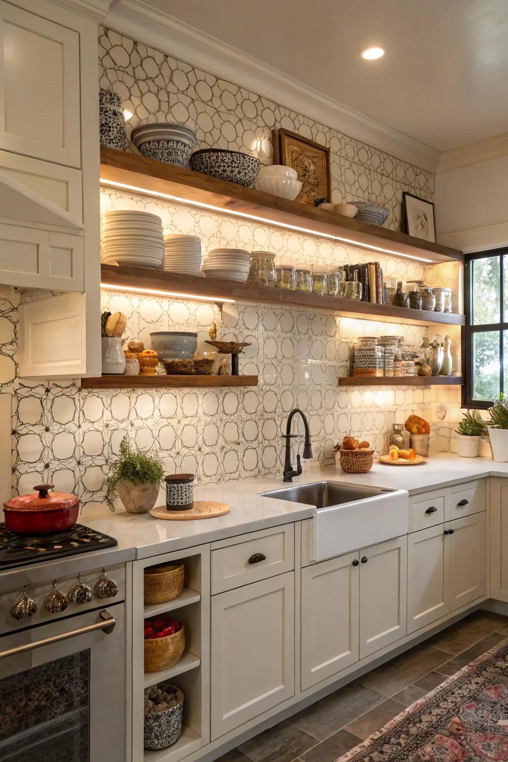 Exposed shelves add practical elegance to this traditional kitchen.
