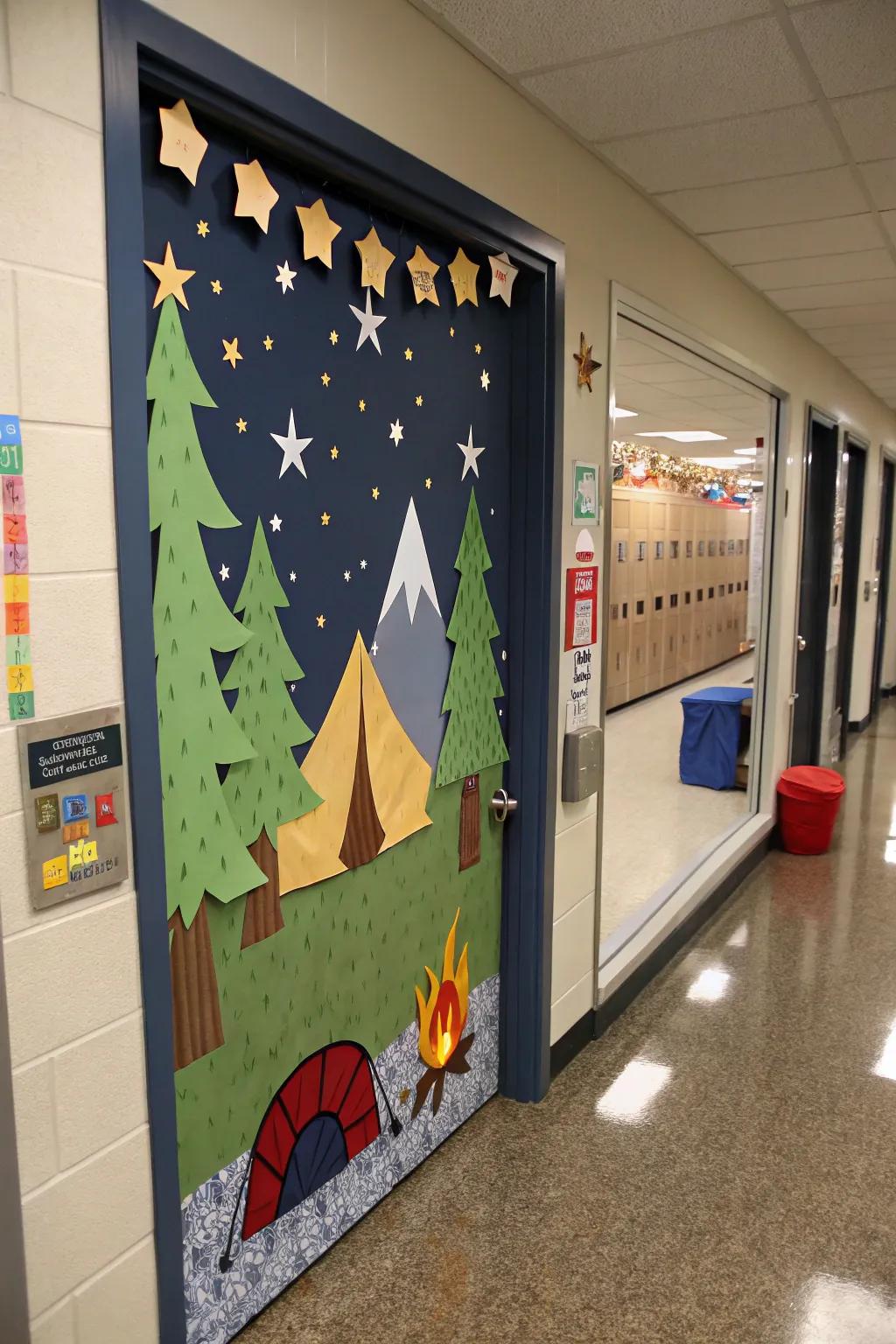 A camping-themed classroom door featuring tents and bonfires.
