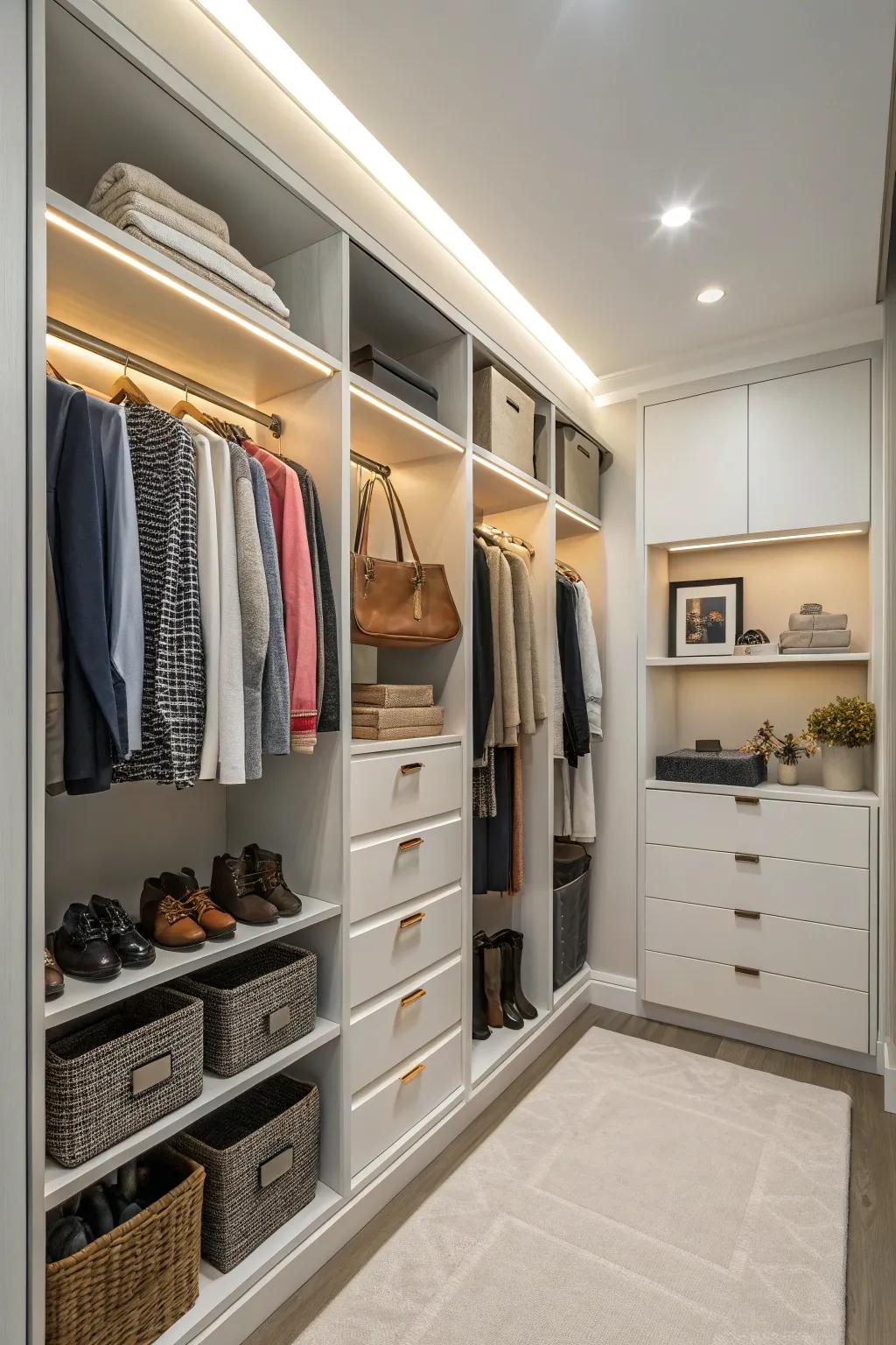 Customizable shelving adjusts to the ever-changing needs of your wardrobe.