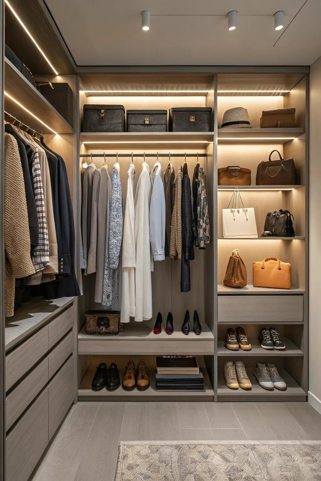 Matched shelves and rails create flexible storage options.