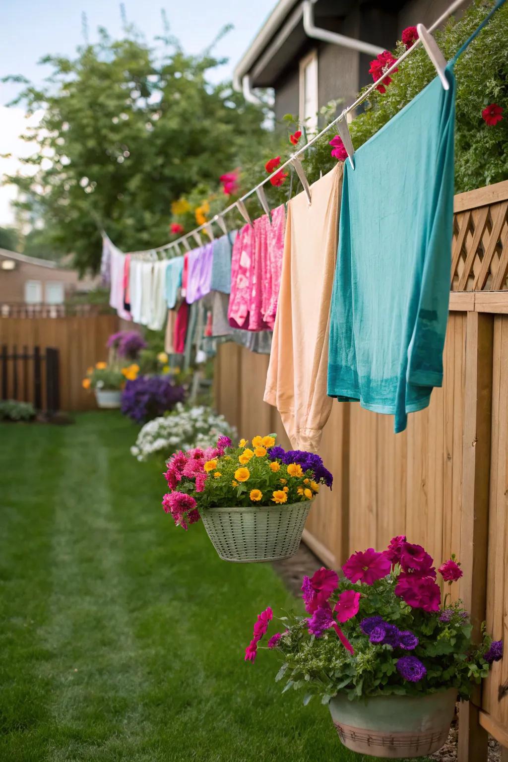 Elevate your clothesline with lovely hanging flower baskets.
