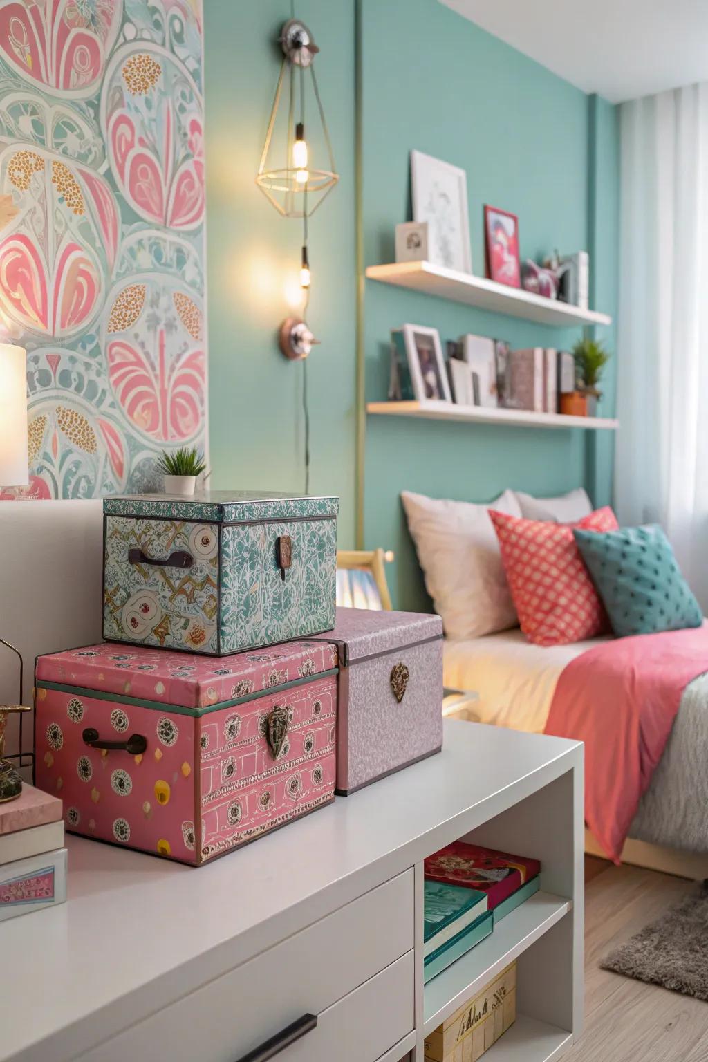 Decorative boxes add color and function.