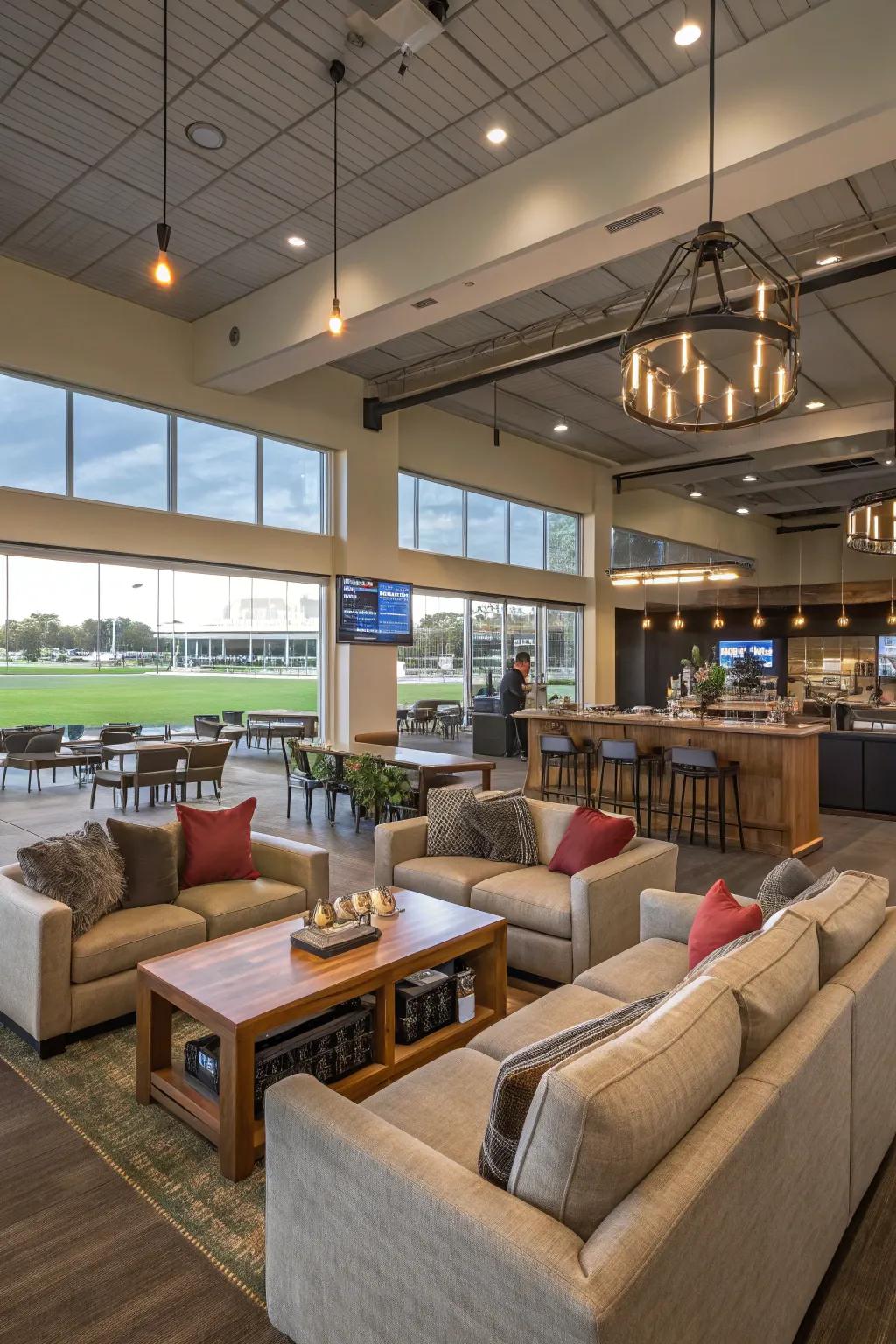 Flexible zones for relaxing and holding events inside a clubhouse.