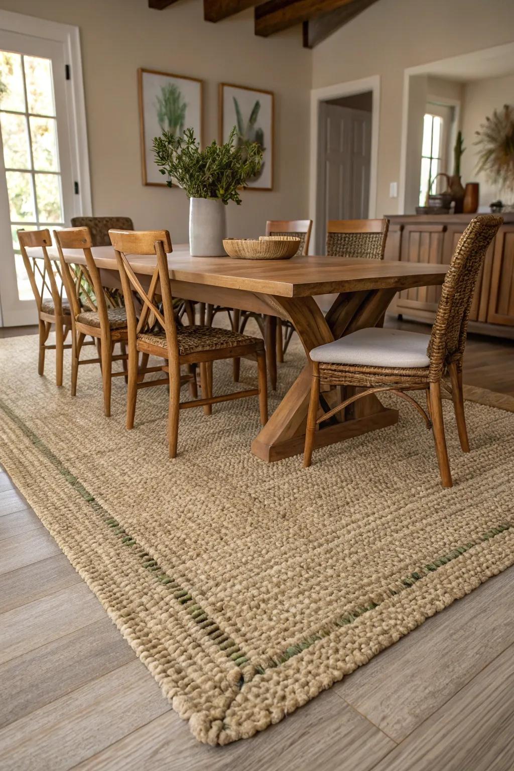 Woven grass ground coverings introduce natural texture to the dining space.