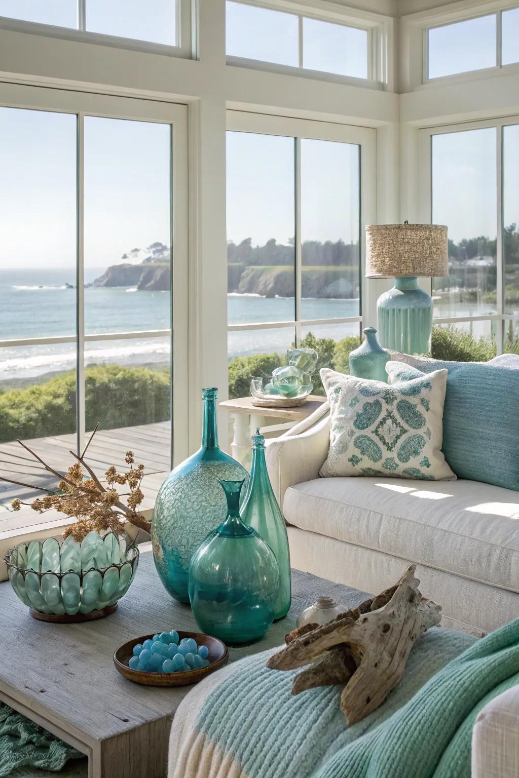 Marine glass adds a unique coastal touch.
