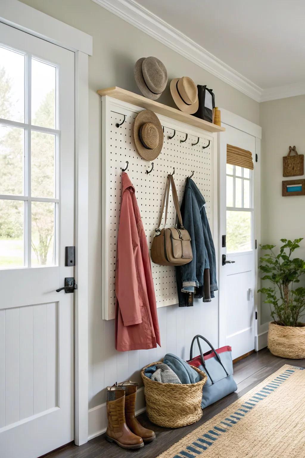 A secured board coat rack extending customizable storage options for a dynamic entranceway.