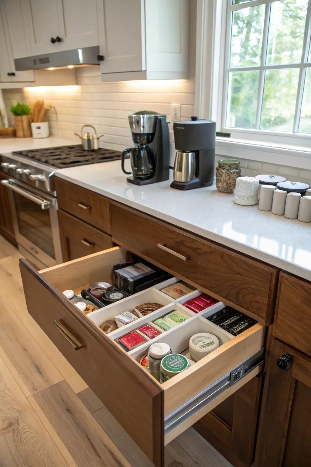 A concealed drawer keeps the kitchen uncluttered.