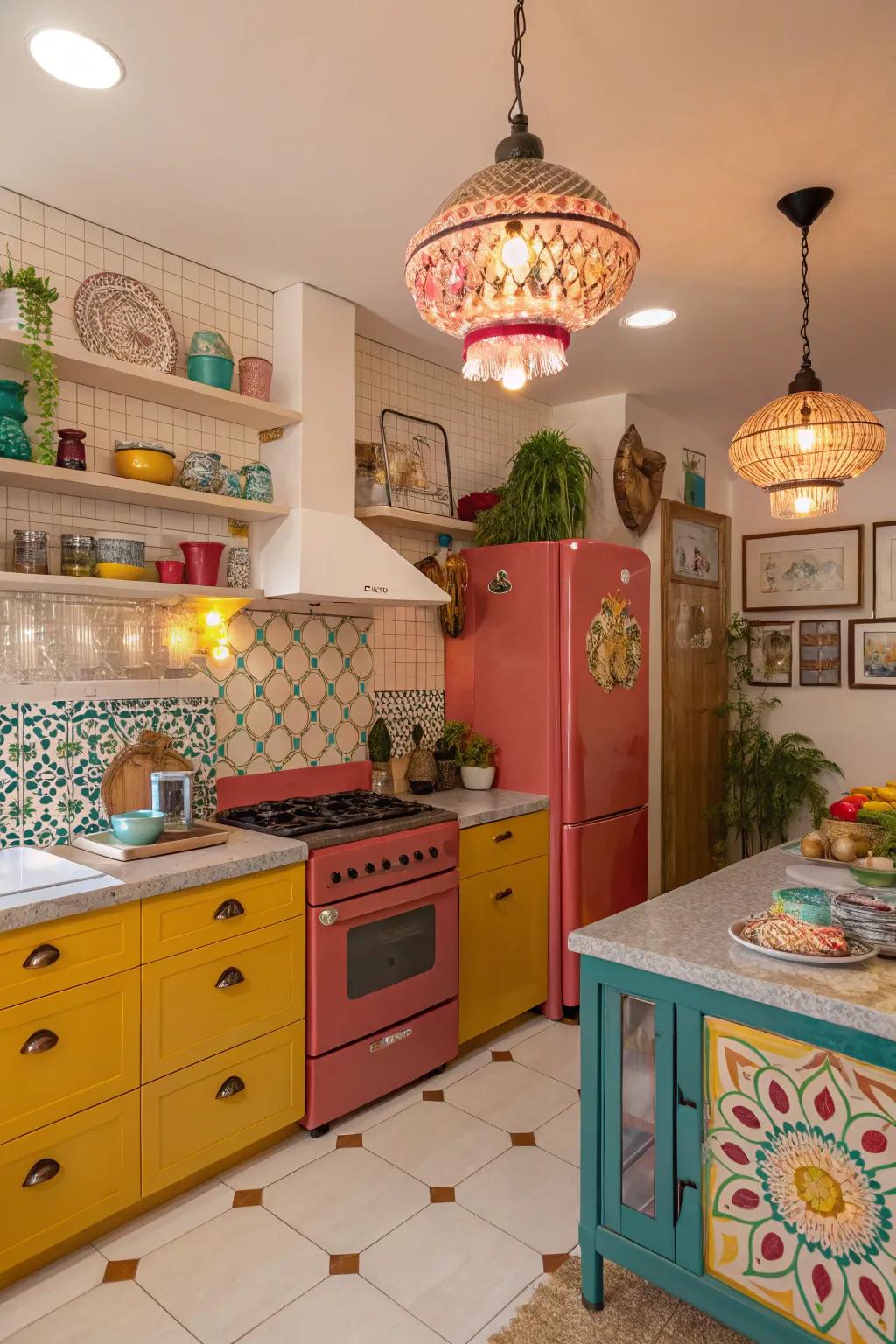 Unique light fixtures contribute an artistic element to the cooking area.