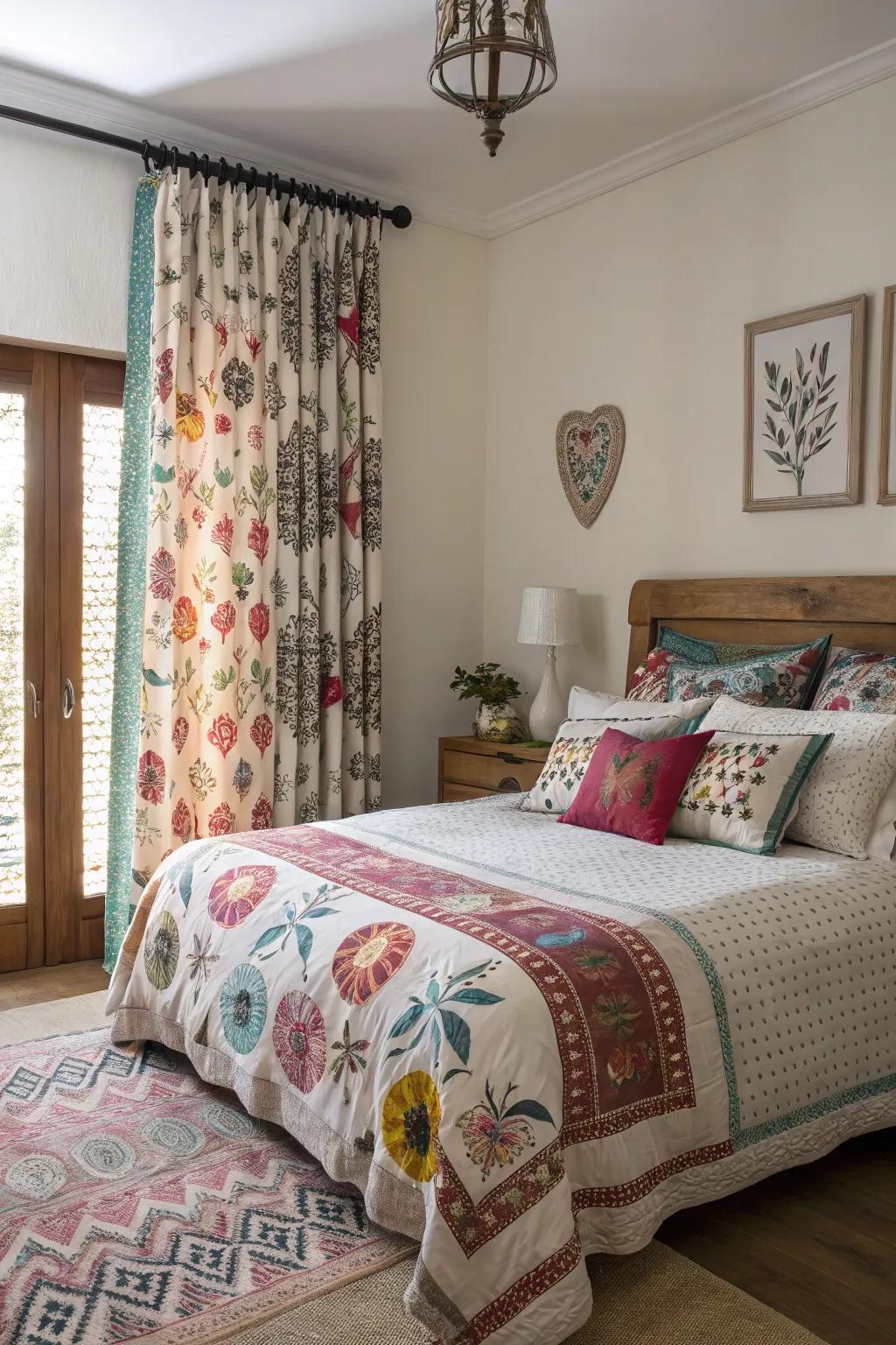 A combination of designs and prints injects personality into this bedroom.