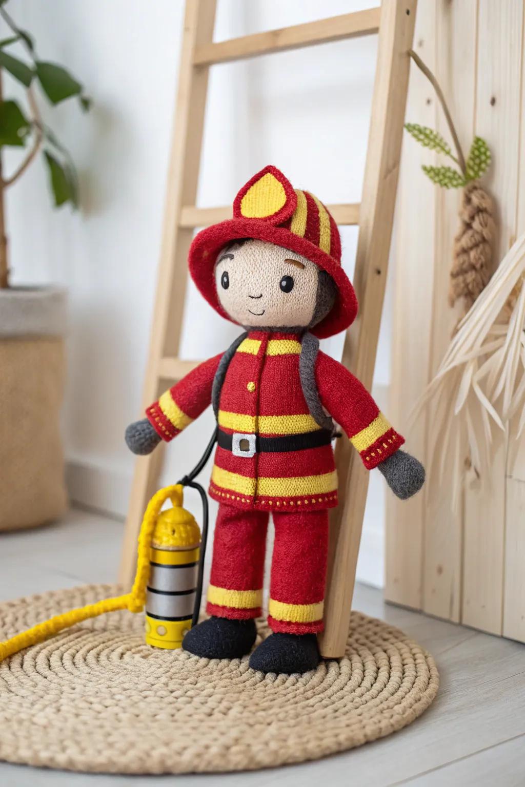 Celebrate innovation and community consciousness with this charming firefighter puppet, a seamless fusion of minimalistic design and bold hues!