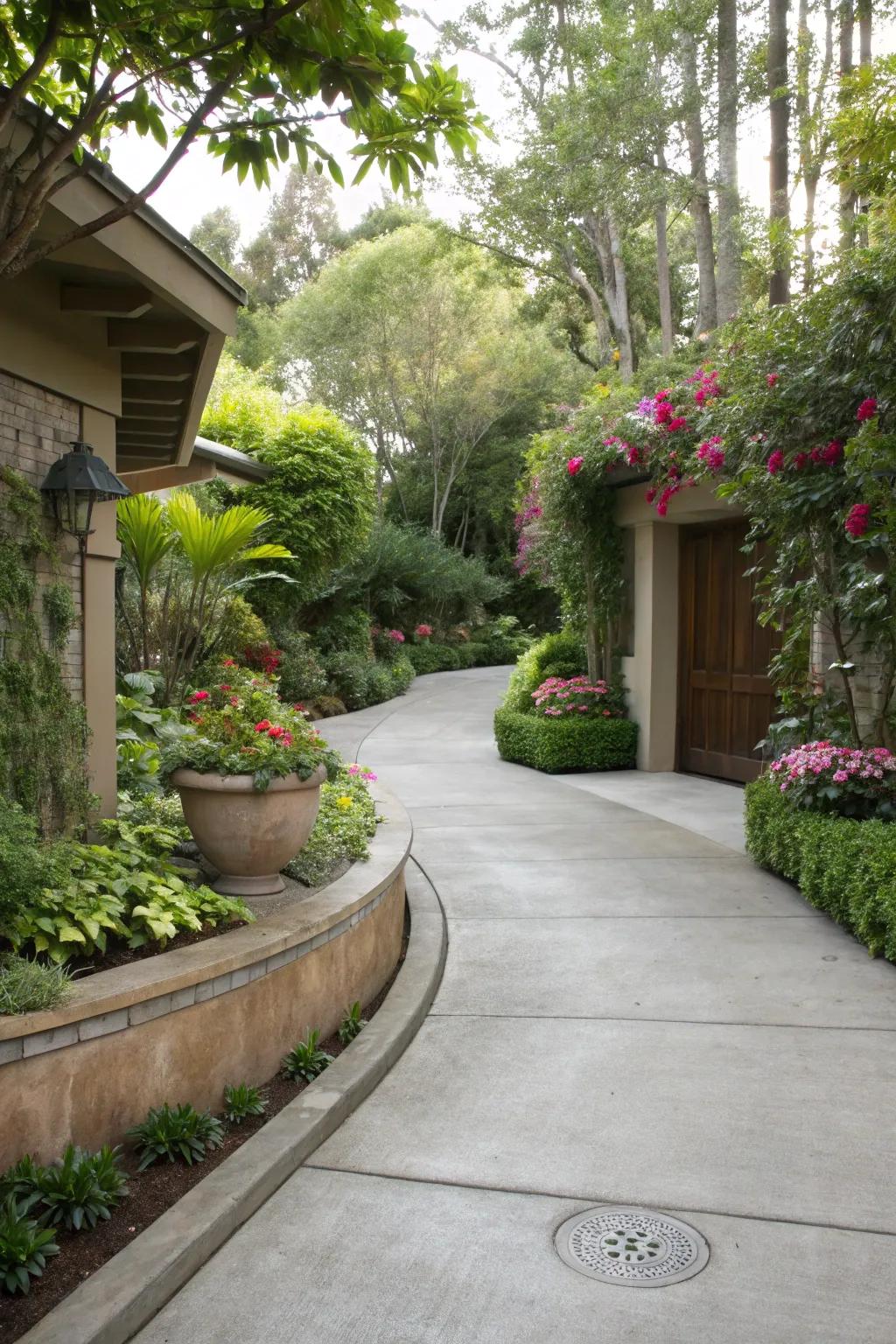 Landscaping features that beautifully frame this concrete driveway.