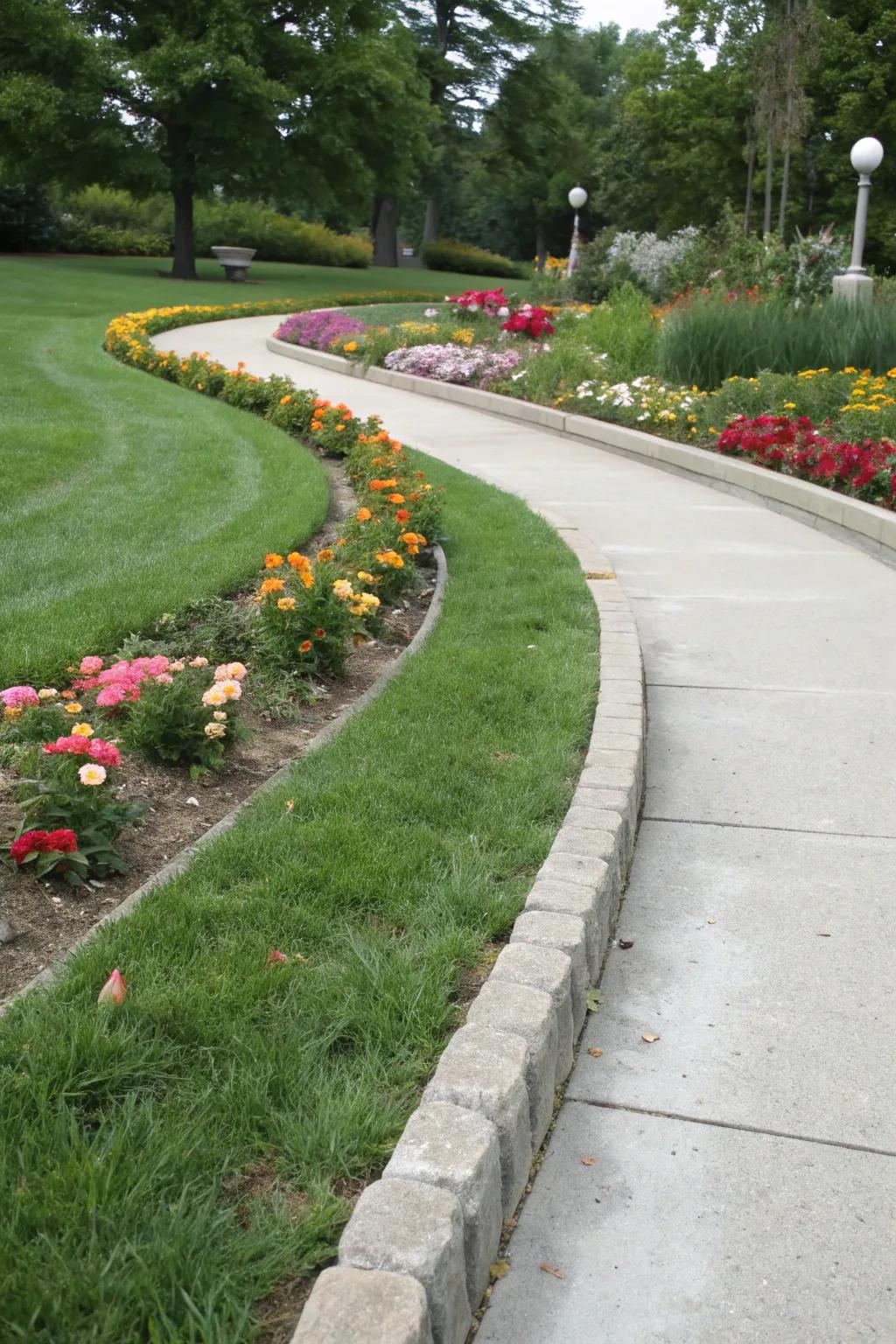 Concrete borders neatly divide garden areas.