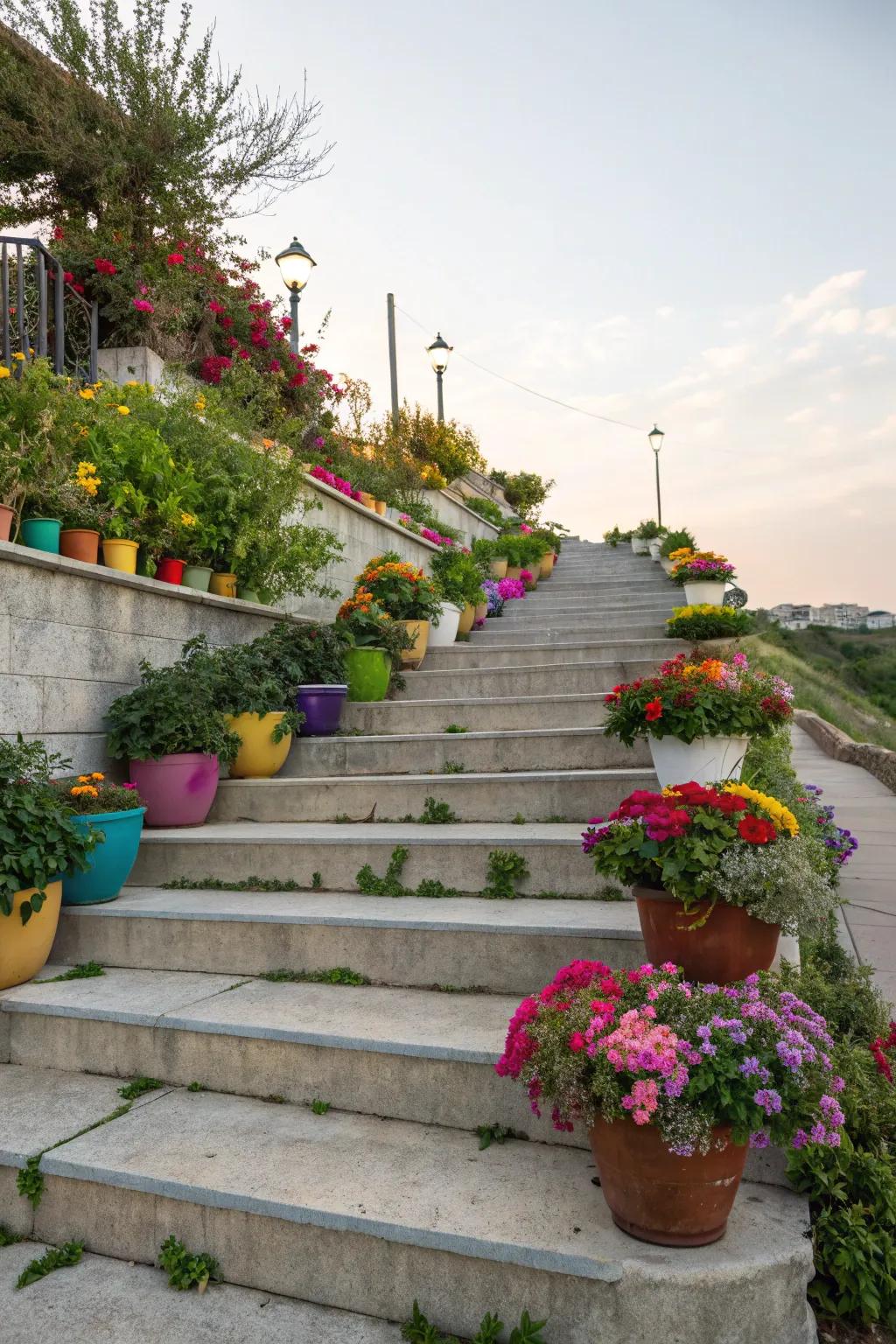 Vases breathe life and color into concrete steps.