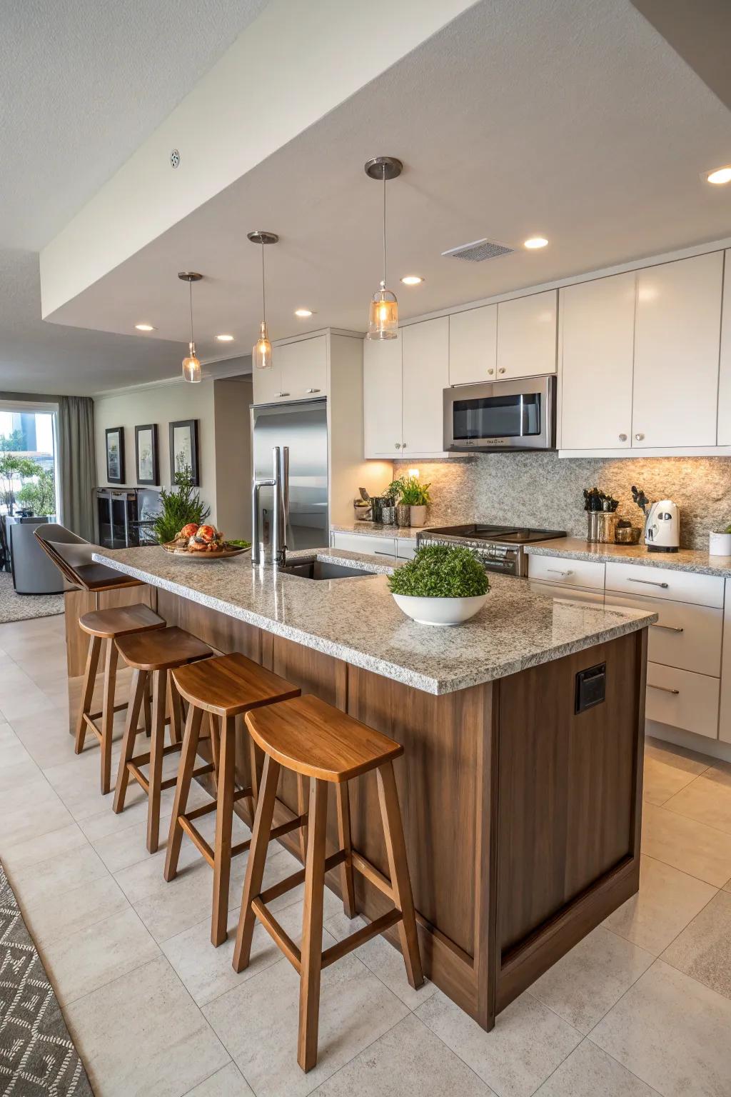 A functional counter provides extra prep space and seating.