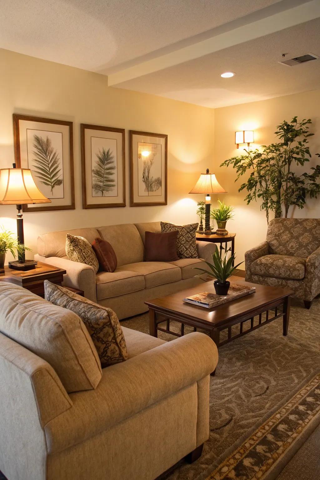 An inviting condo living room featuring plush seating and comforting lighting.