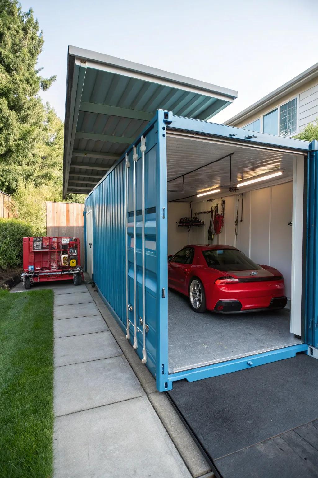 Modify a shipping container into a functional garage solution.