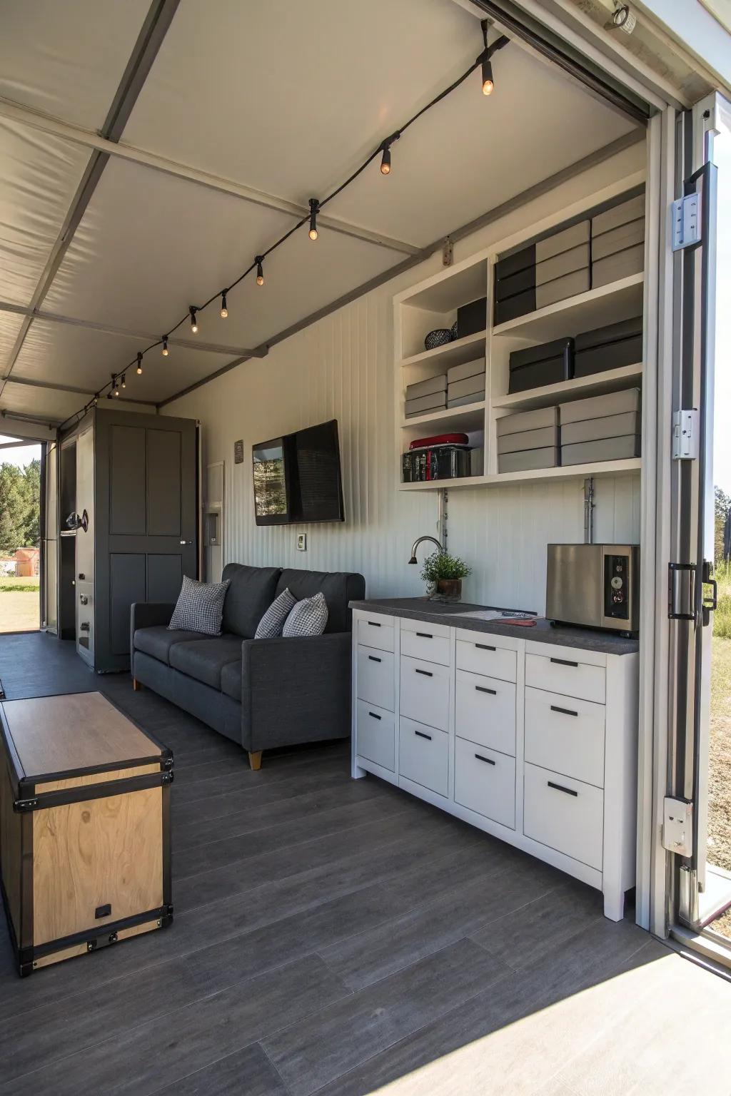 A container home with creative use of area and multi-functional design.