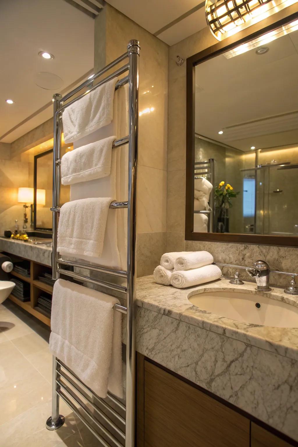 Bathroom exuding luxury with soft illumination and plush cloths.